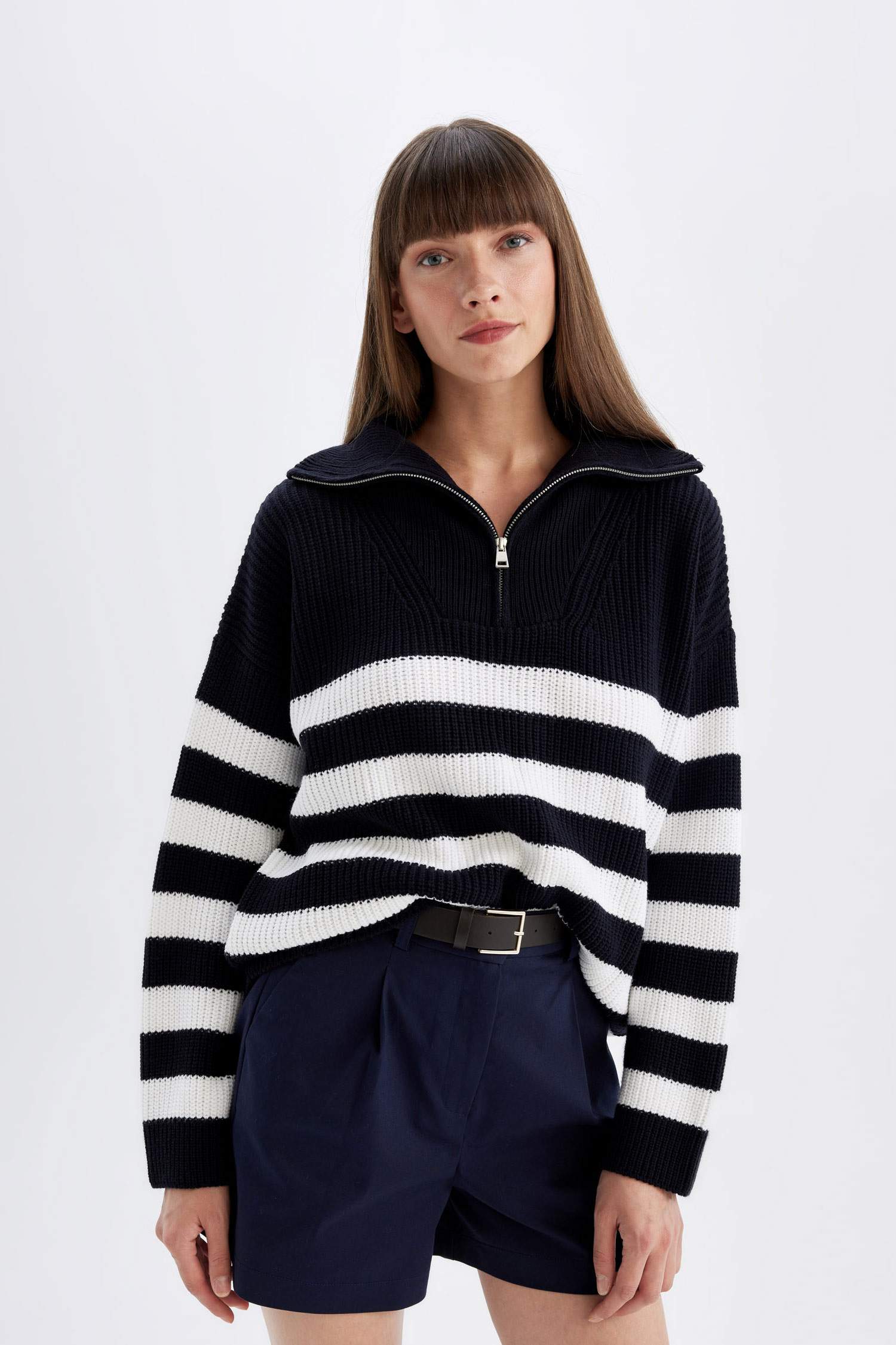 Relax Fit Çizgili Yarım Fermuarlı Selanik Kumaş Triko Kazak