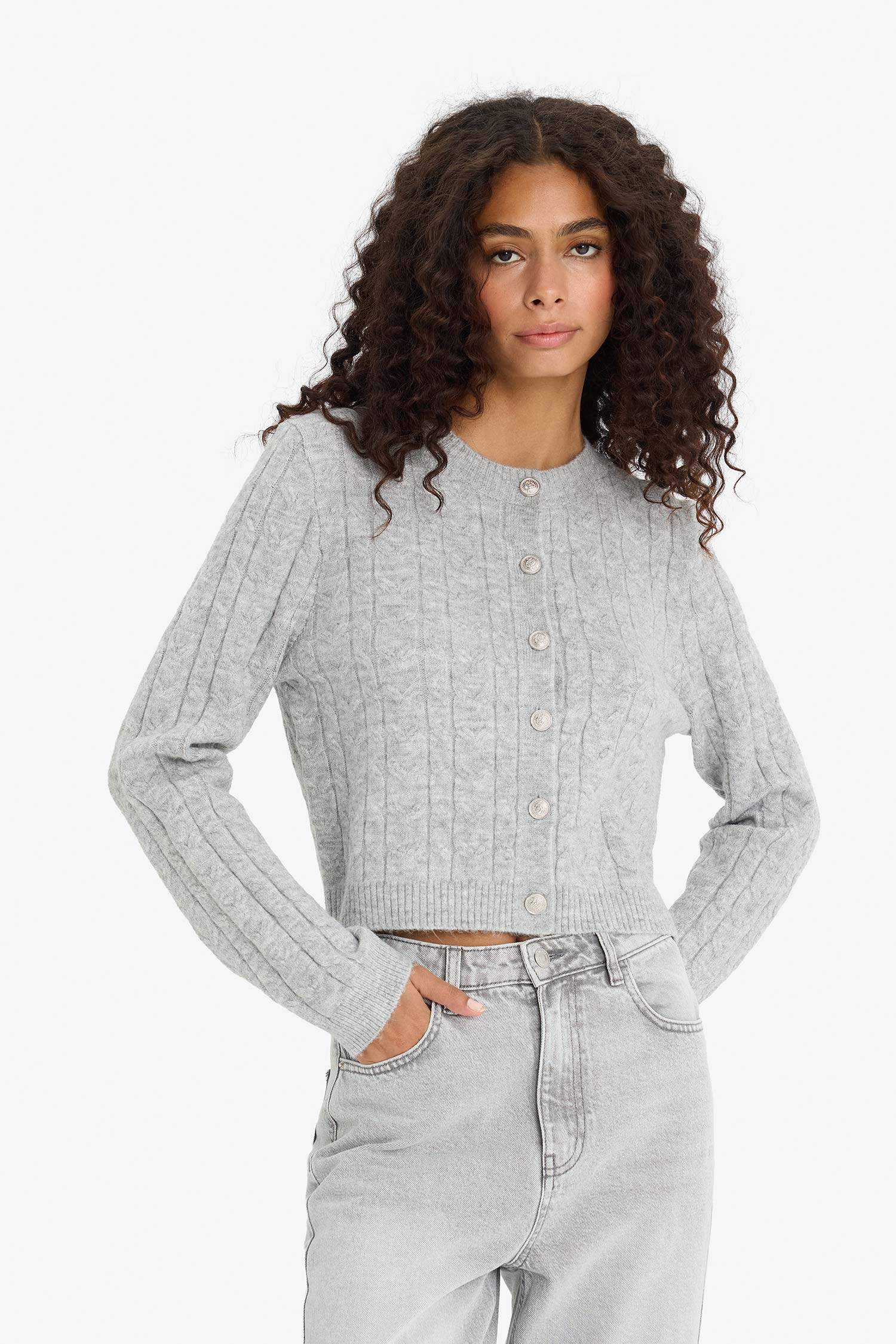 Cardigan en tricot à boutons et col rond Coupe régulière