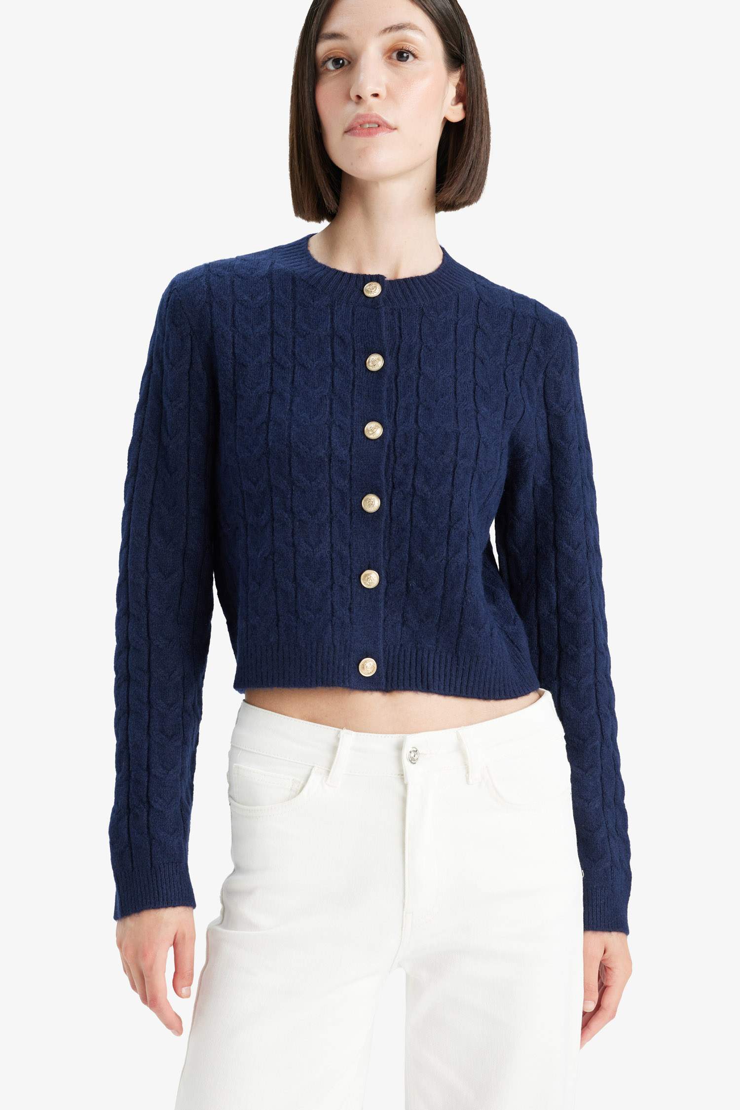 Regular Fit Bisiklet Yaka Selanik Örgü Desenli Triko Hırka