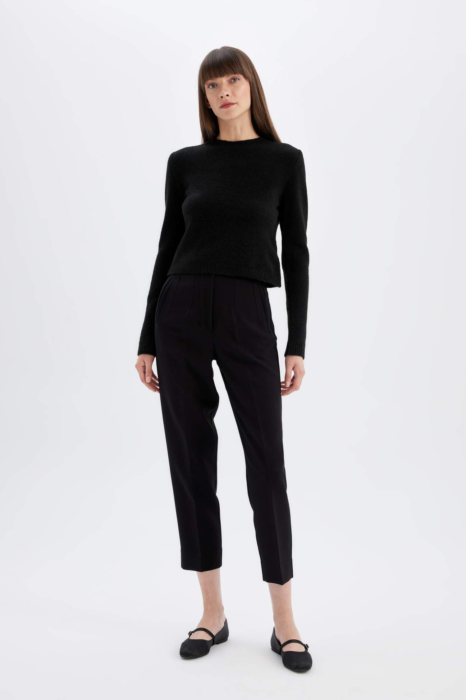 Regular Fit Bisiklet Yaka Premium Basic Düz Crop Triko Kazak