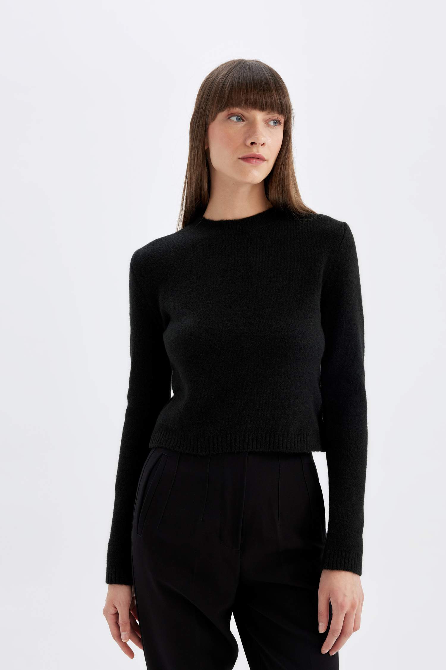 Regular Fit Bisiklet Yaka Premium Basic Düz Crop Triko Kazak