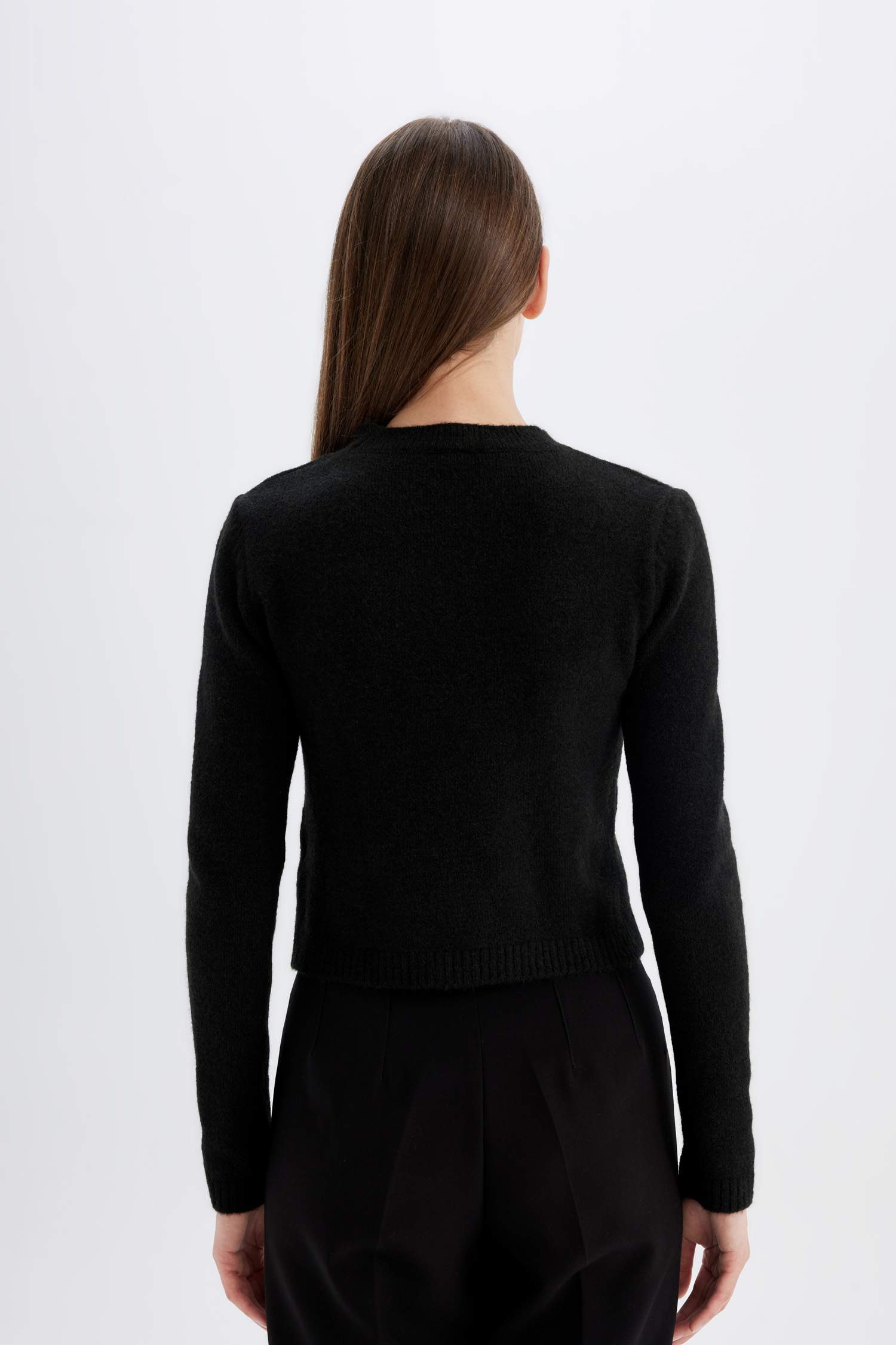 Regular Fit Bisiklet Yaka Premium Basic Düz Crop Triko Kazak