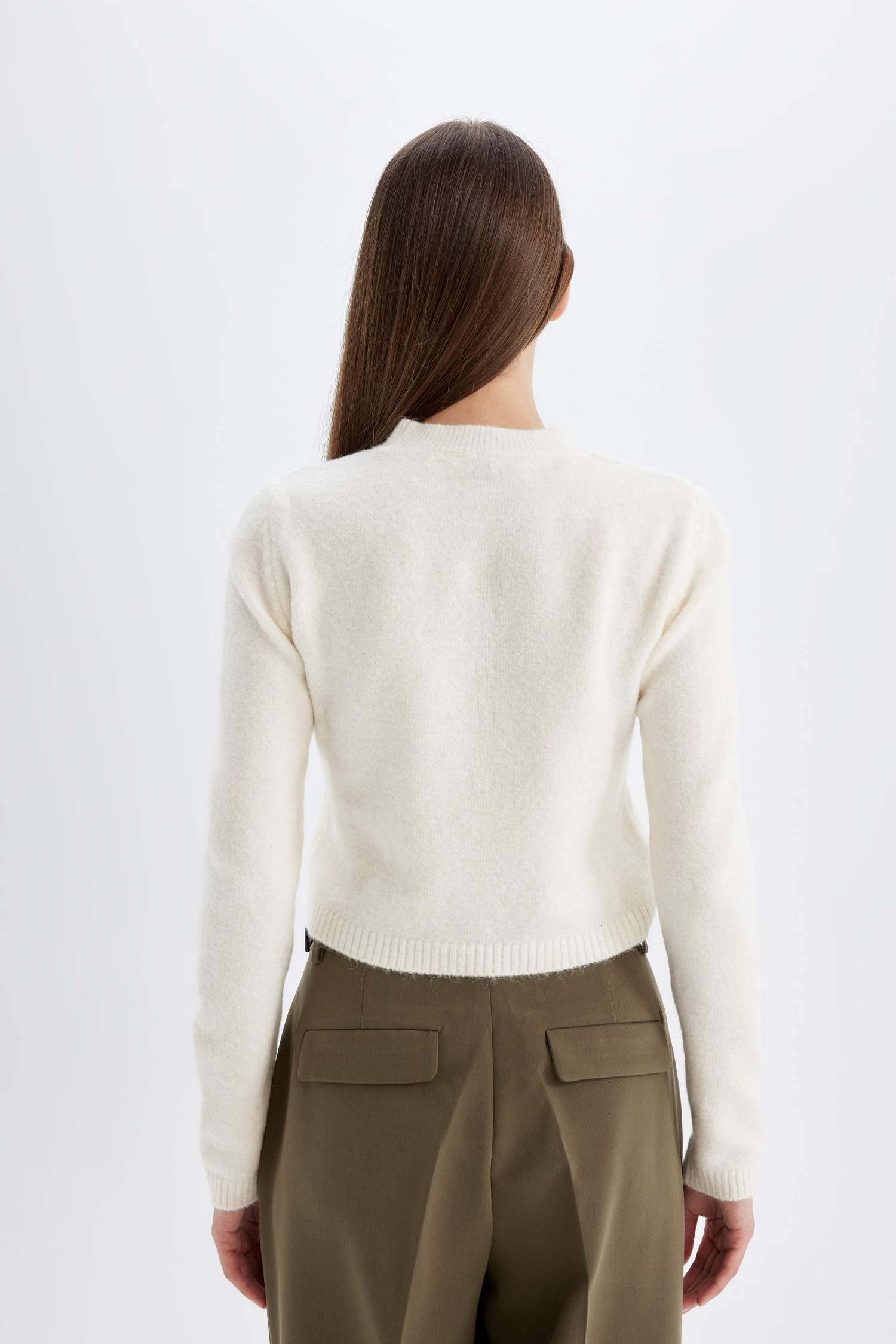 Regular Fit Bisiklet Yaka Premium Basic Düz Crop Triko Kazak