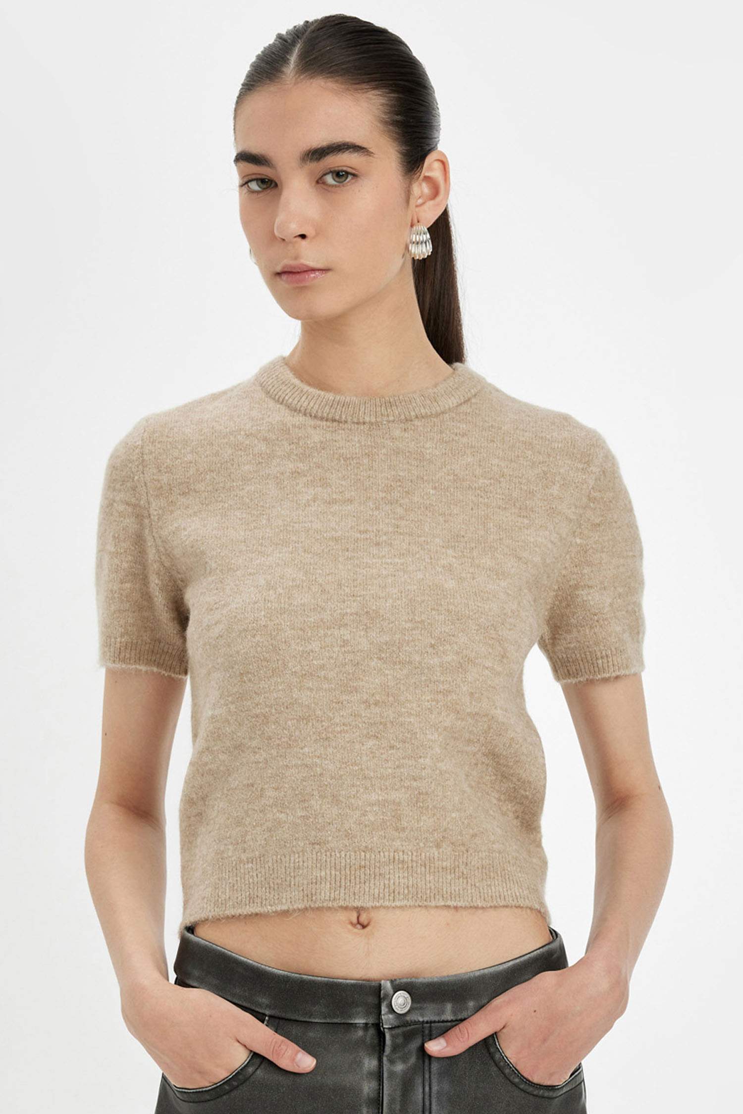 Regular Fit Bisiklet Yaka Premium Basic Düz Kısa Kollu Triko Kazak