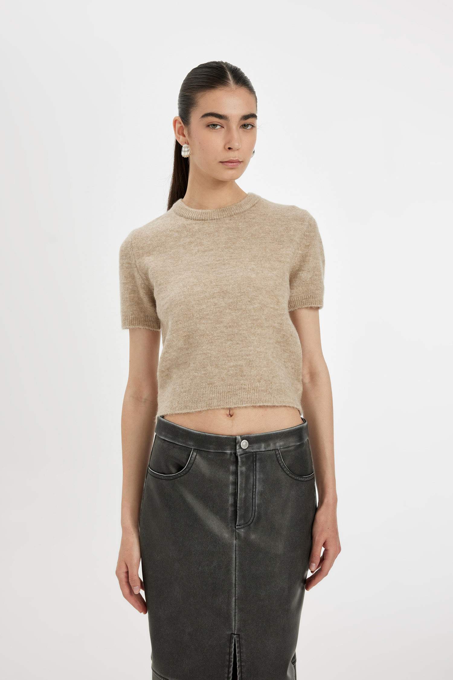 Regular Fit Bisiklet Yaka Premium Basic Düz Kısa Kollu Triko Kazak