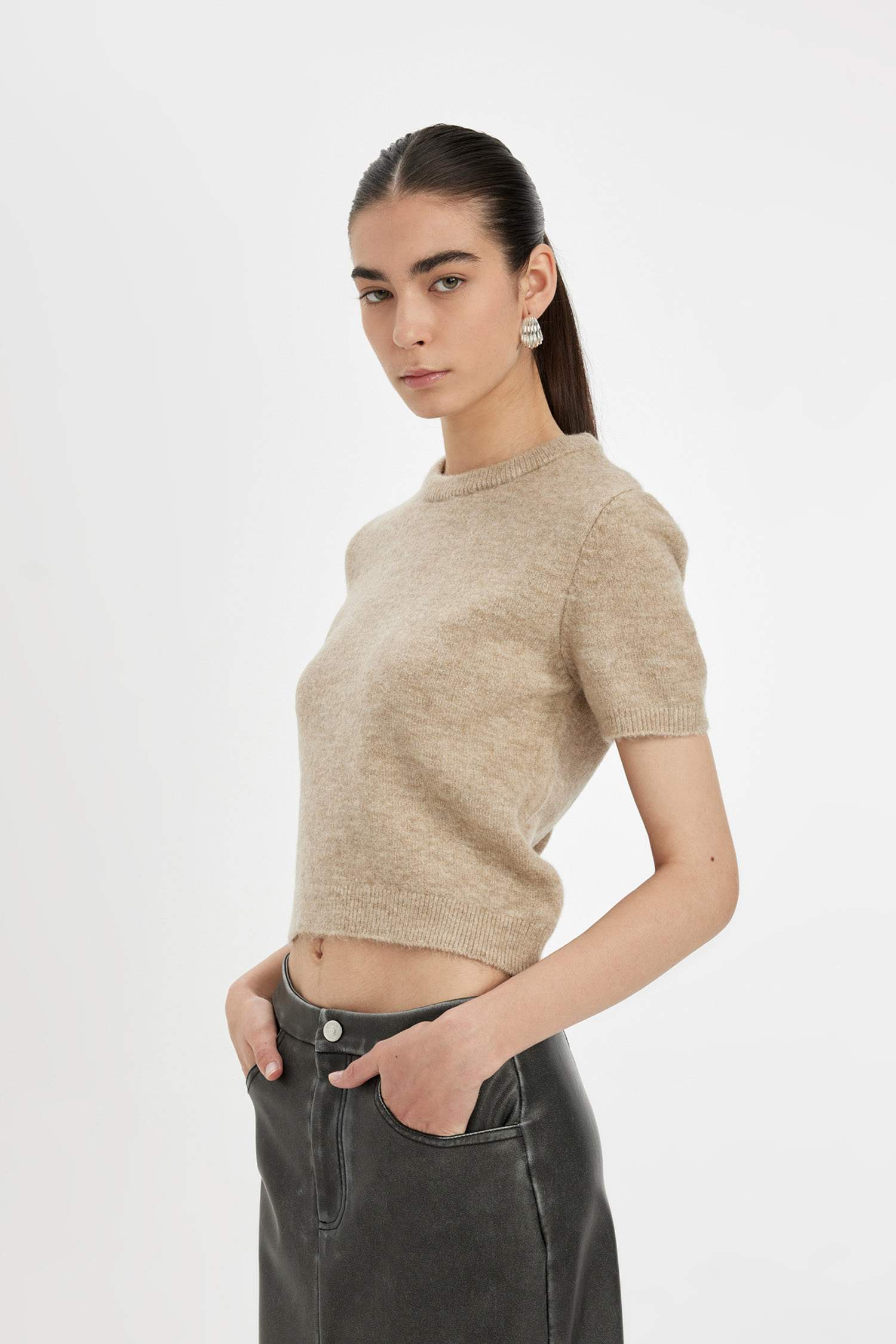 Regular Fit Bisiklet Yaka Premium Basic Düz Kısa Kollu Triko Kazak