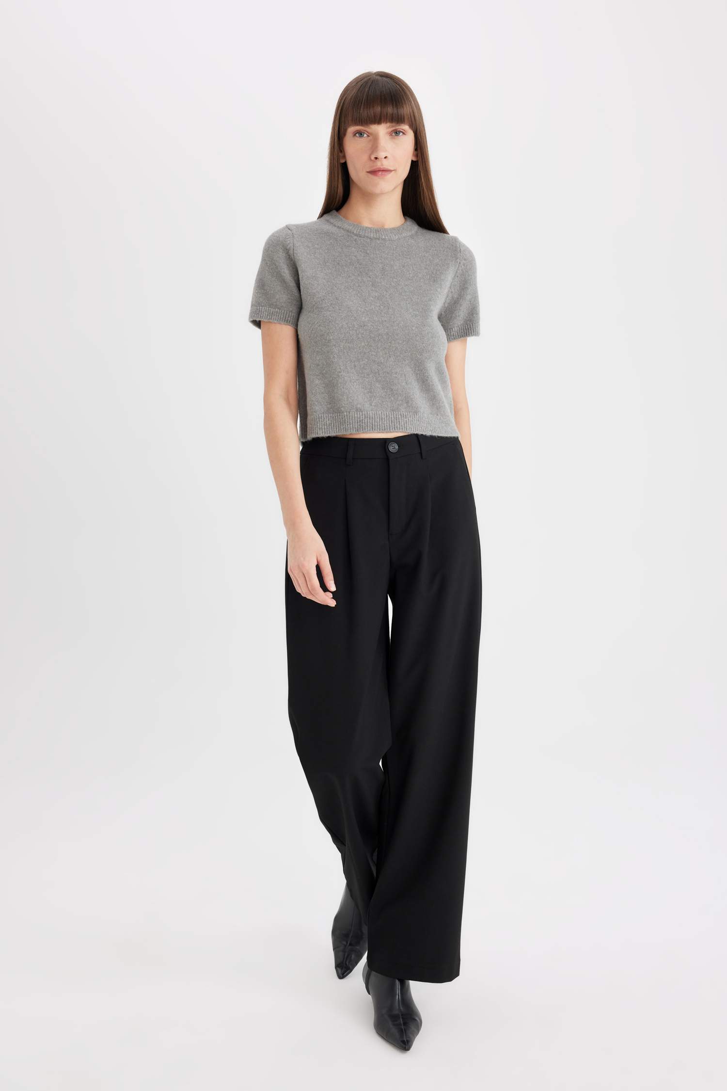 Regular Fit Bisiklet Yaka Premium Basic Düz Kısa Kollu Triko Kazak