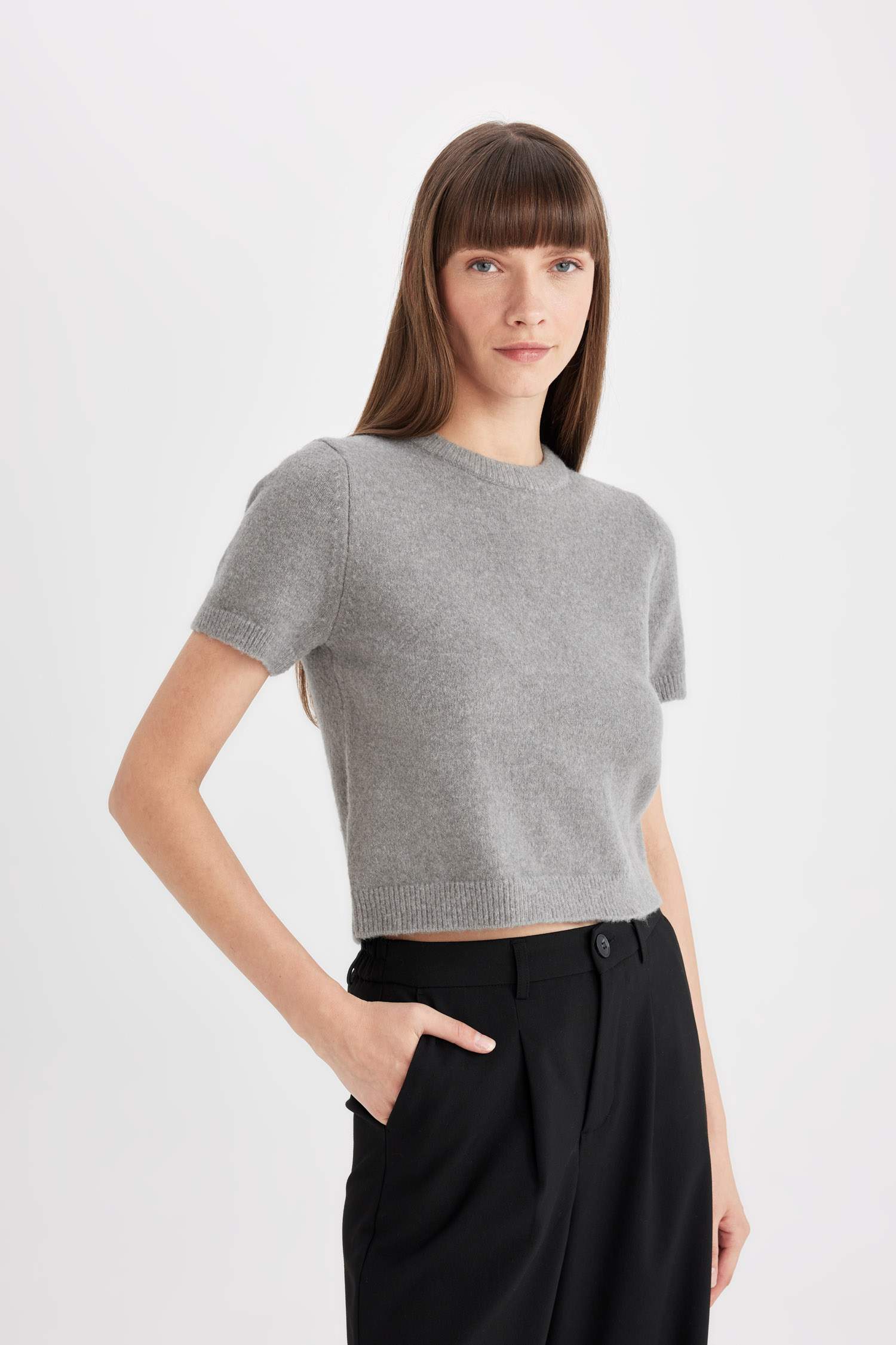 Regular Fit Bisiklet Yaka Premium Basic Düz Kısa Kollu Triko Kazak