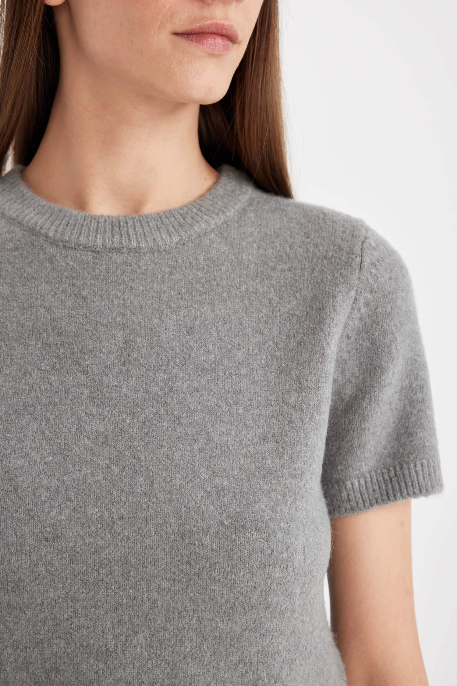 Regular Fit Bisiklet Yaka Premium Basic Düz Kısa Kollu Triko Kazak