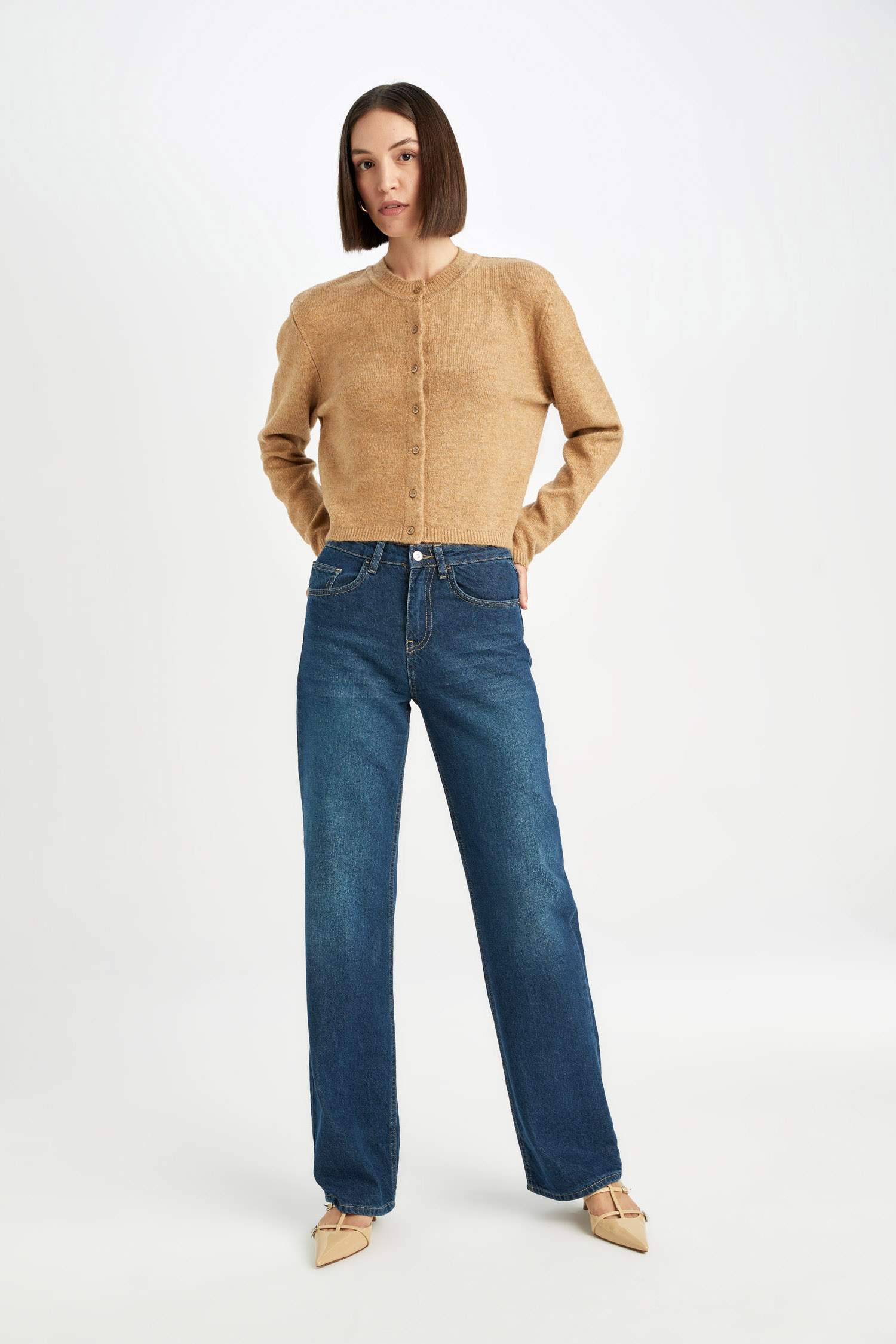 Regular Fit Bisiklet Yaka Basic Düz Düğmeli Triko Hırka