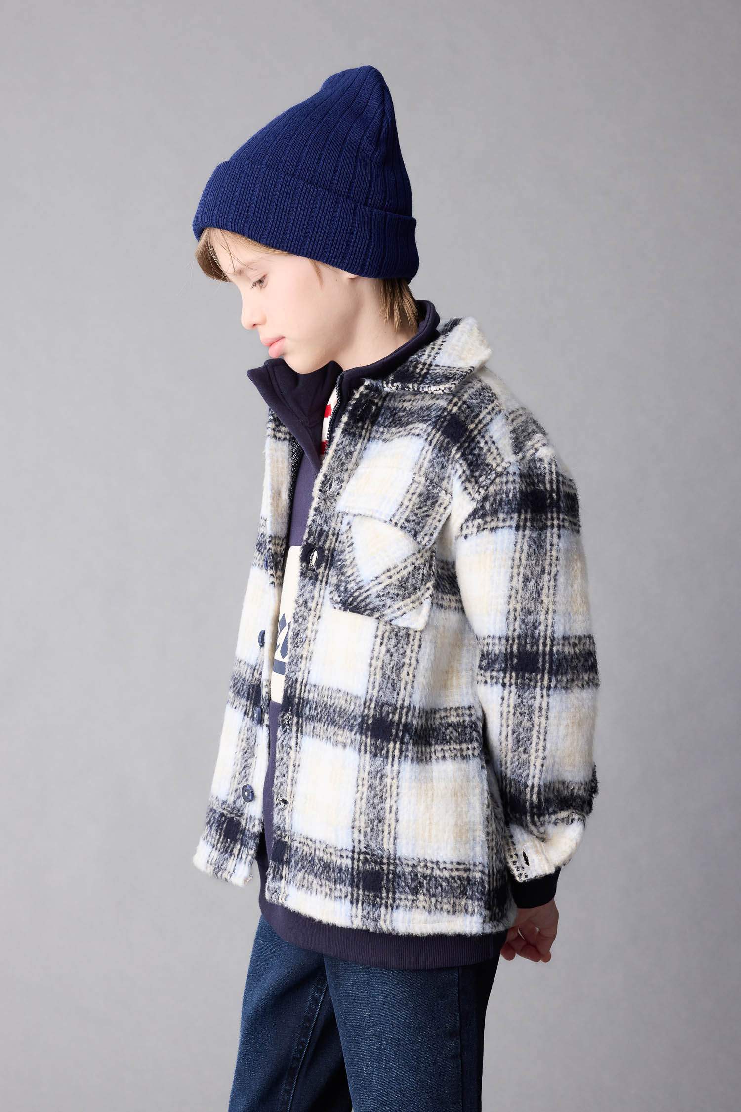 قميص كاروهات اولادي اوفر سايز برقبة بولو وكم طويل