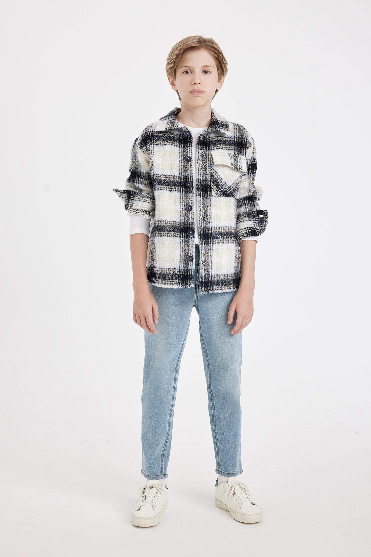 قميص كاروهات اولادي اوفر سايز برقبة بولو وكم طويل