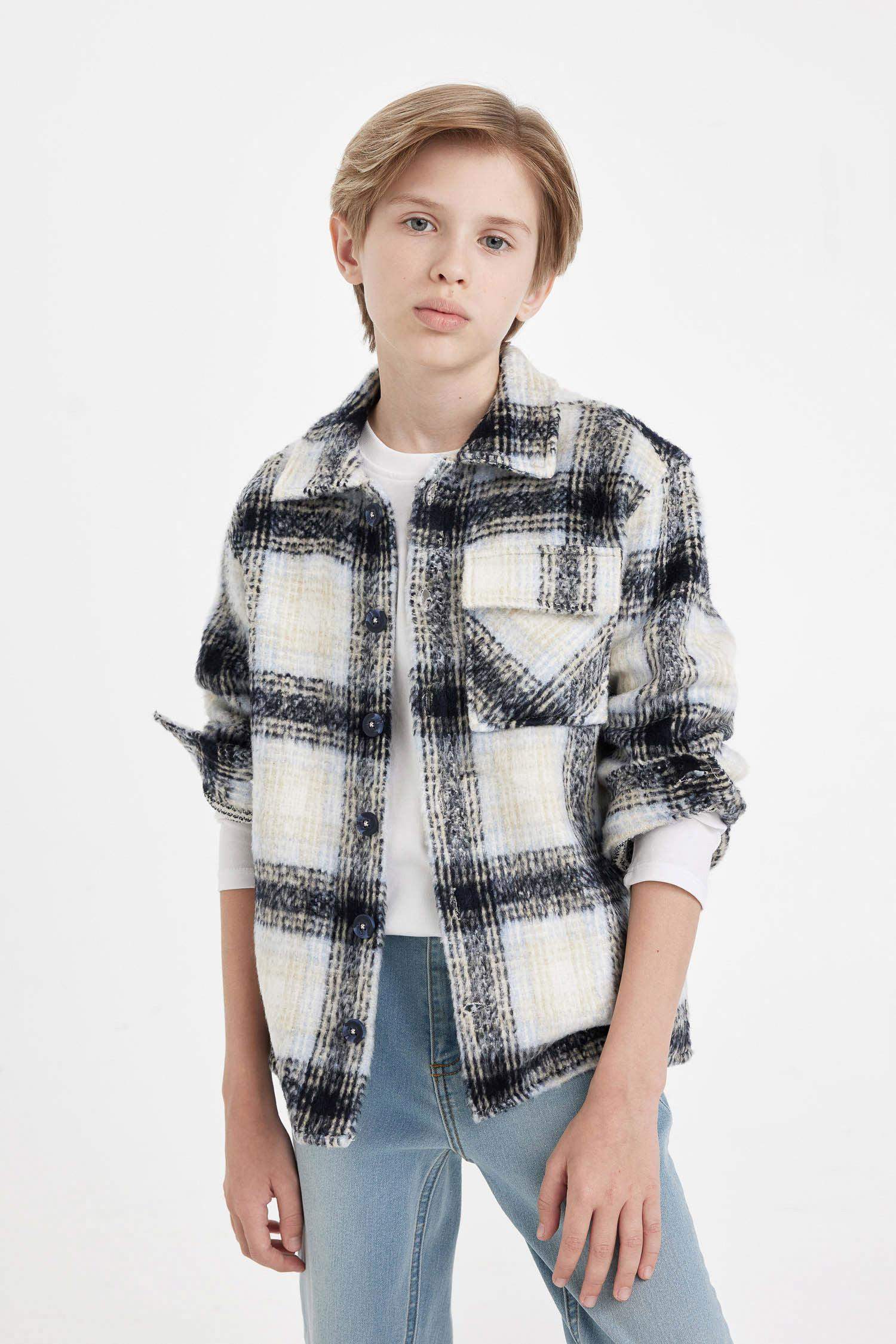 قميص كاروهات اولادي اوفر سايز برقبة بولو وكم طويل