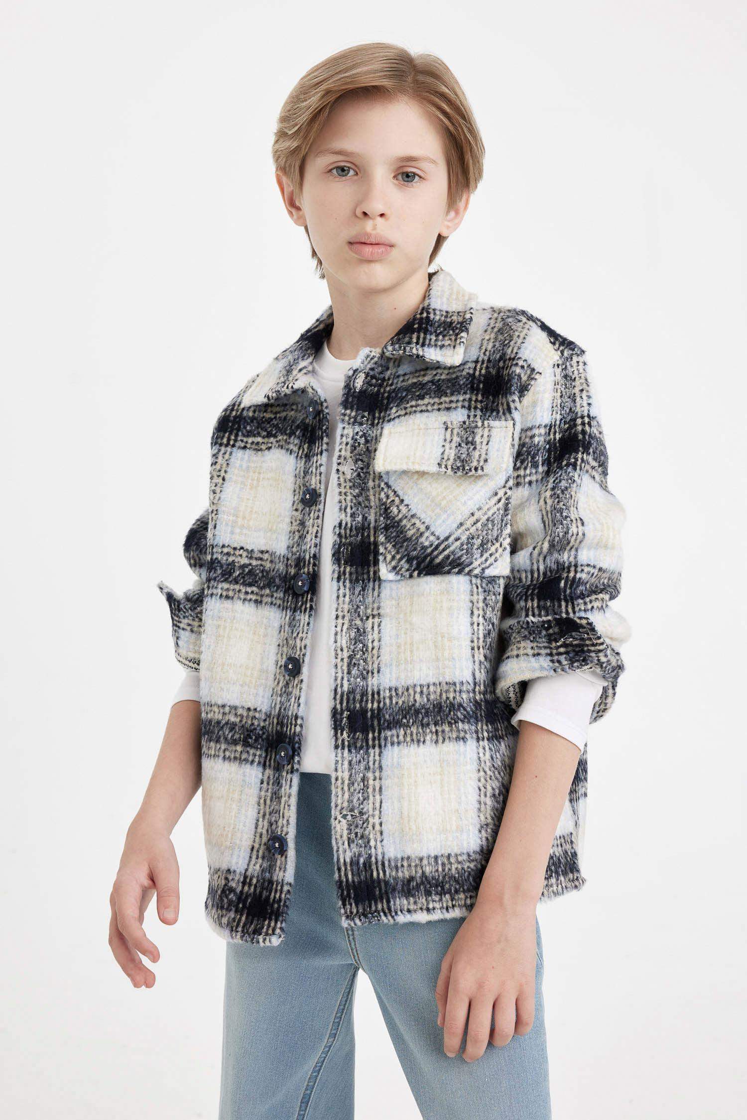 قميص كاروهات اولادي اوفر سايز برقبة بولو وكم طويل