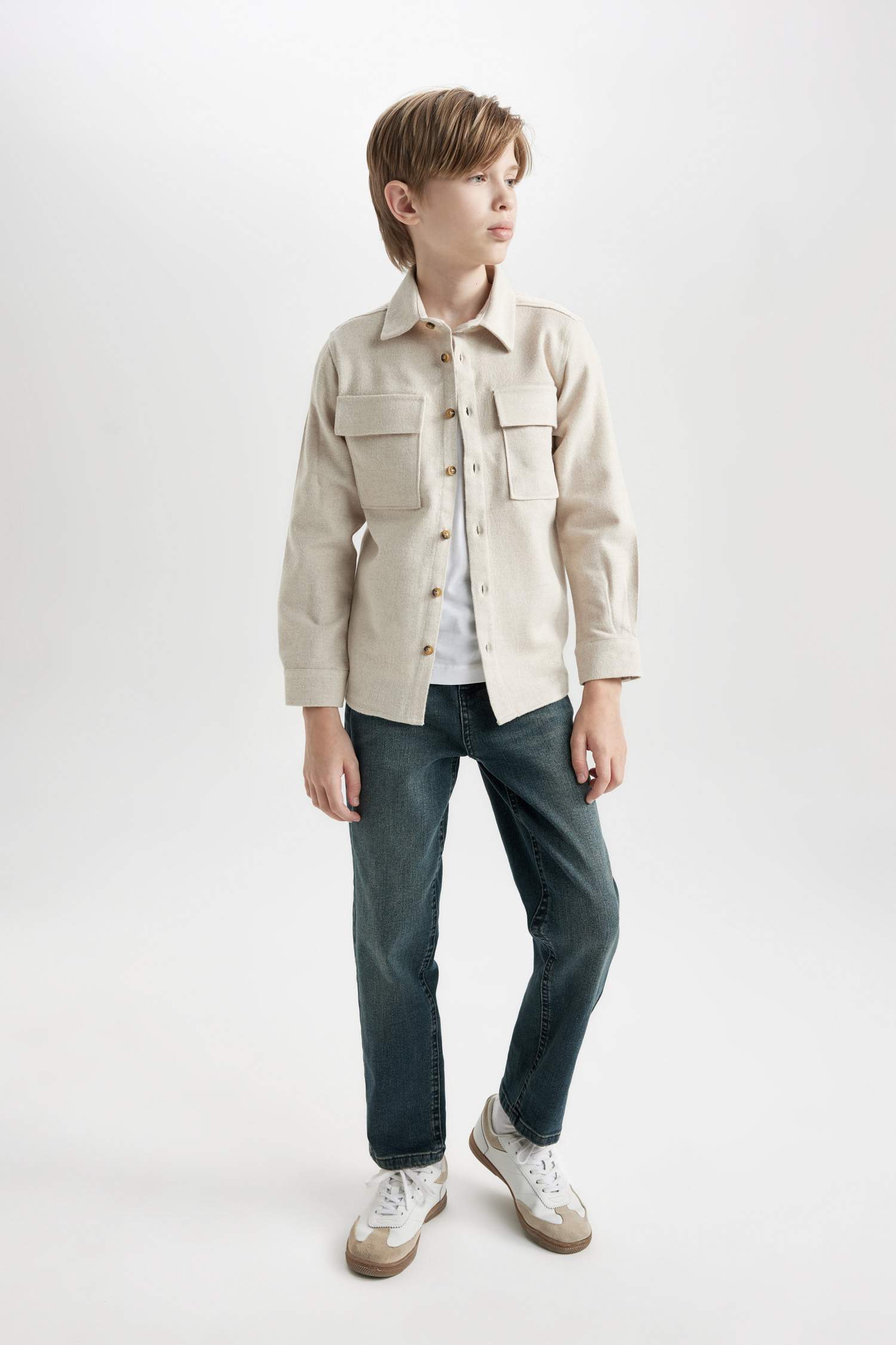 Erkek Çocuk Polo Yaka Uzun Kollu Çift Cepli Gömlek