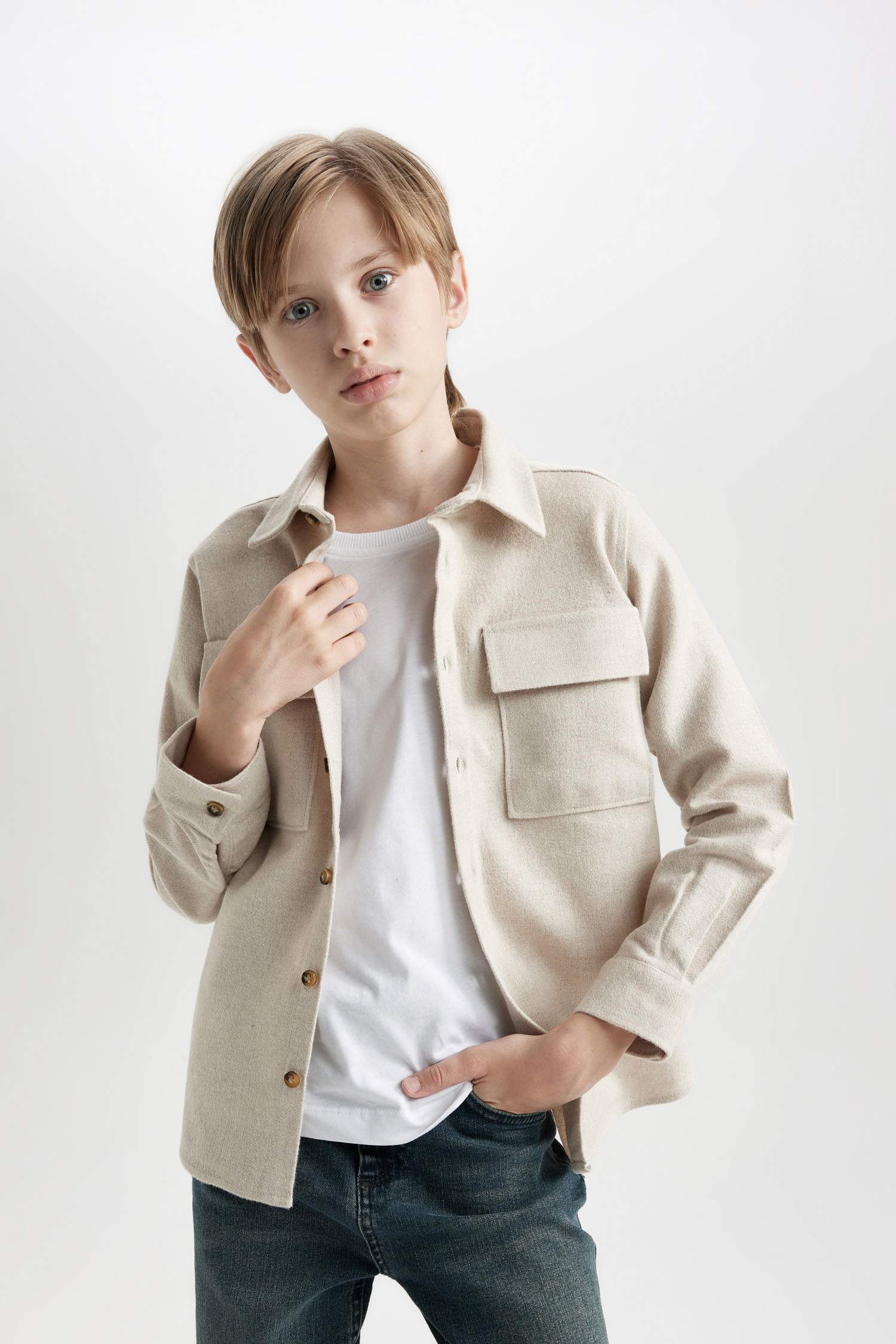 Erkek Çocuk Polo Yaka Uzun Kollu Çift Cepli Gömlek
