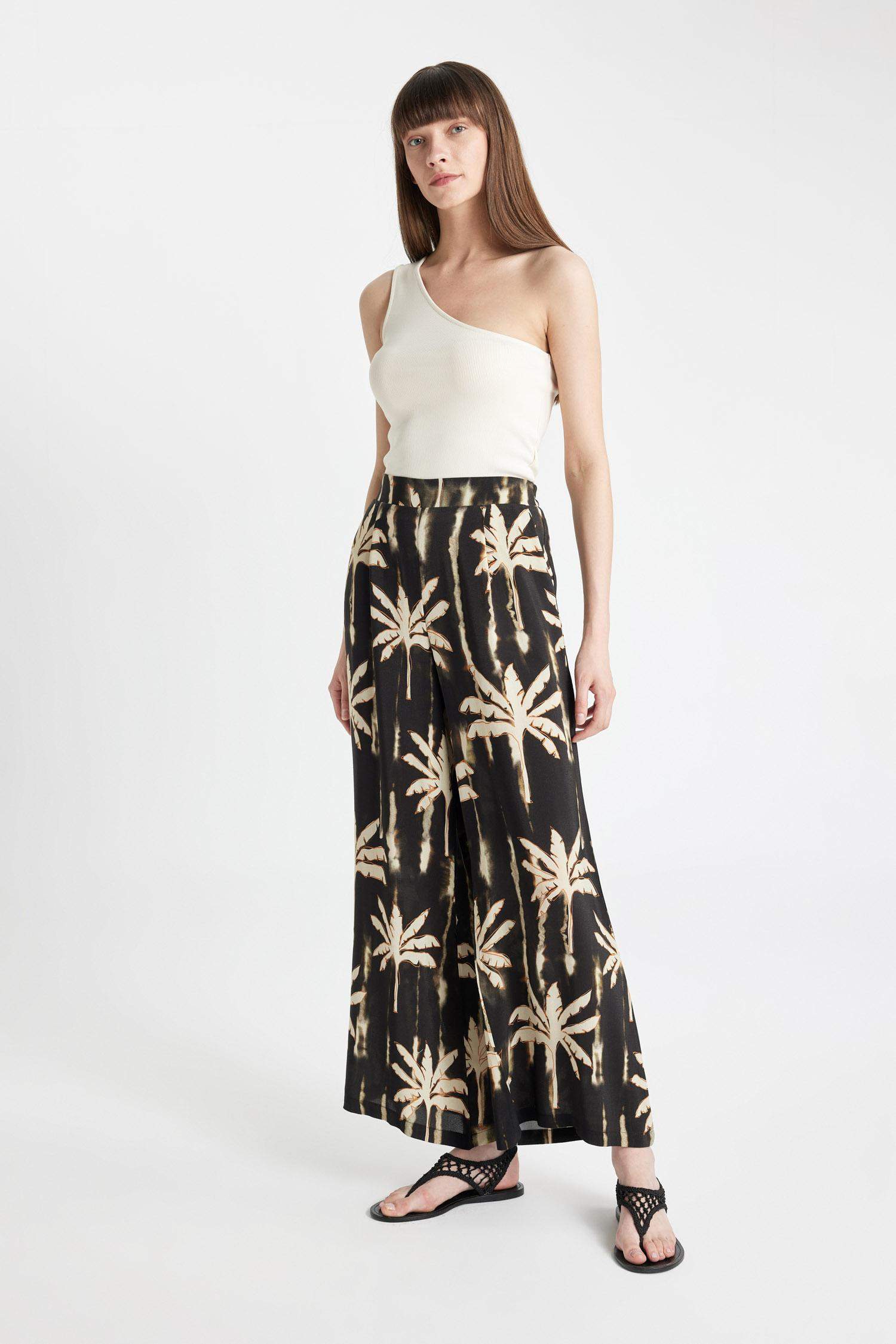 Maroken Kumaş Pantolon Culotte Desenli Beli Lastikli Geniş Paça Uzun Boy