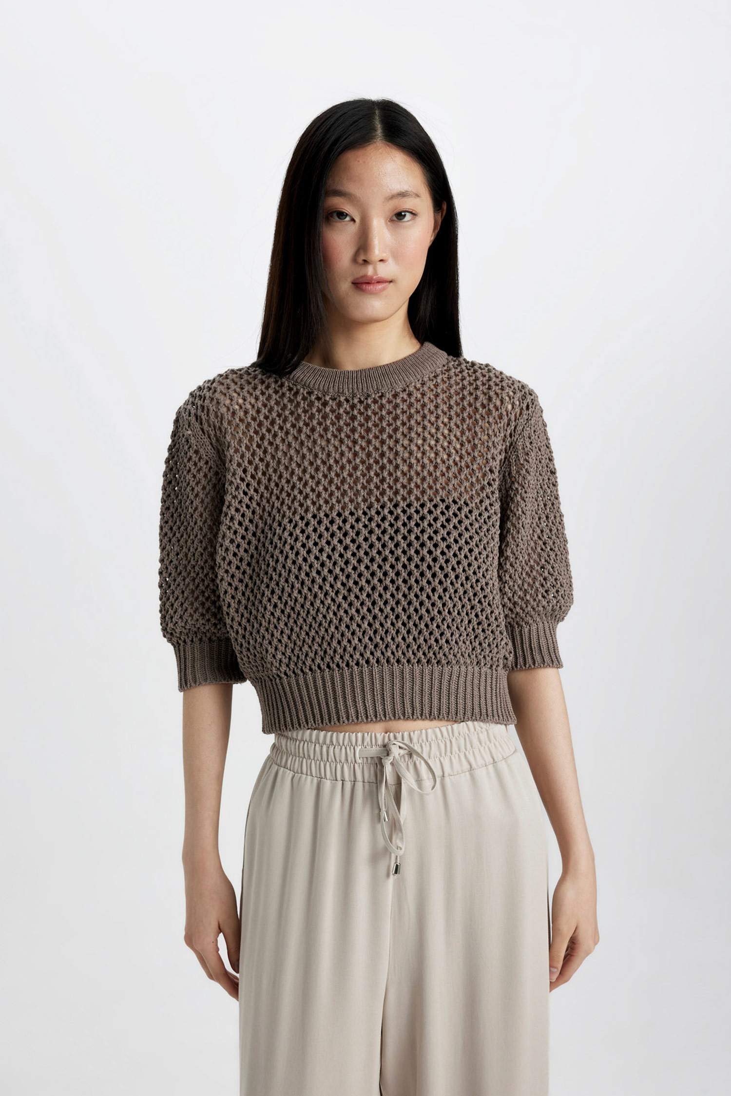 Crew Neck Half Sleeve Crochet Pullover