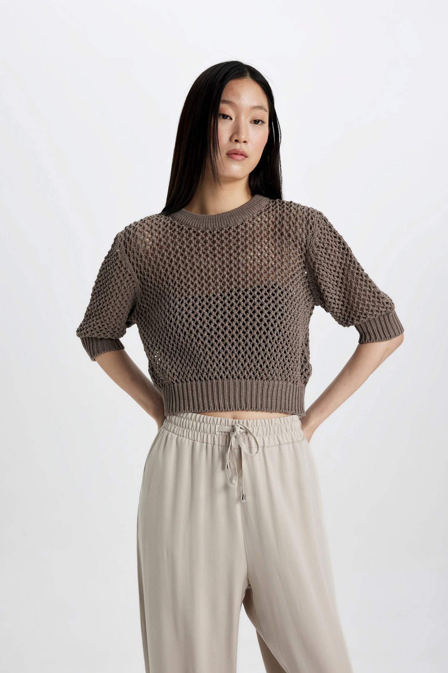 Crew Neck Half Sleeve Crochet Pullover