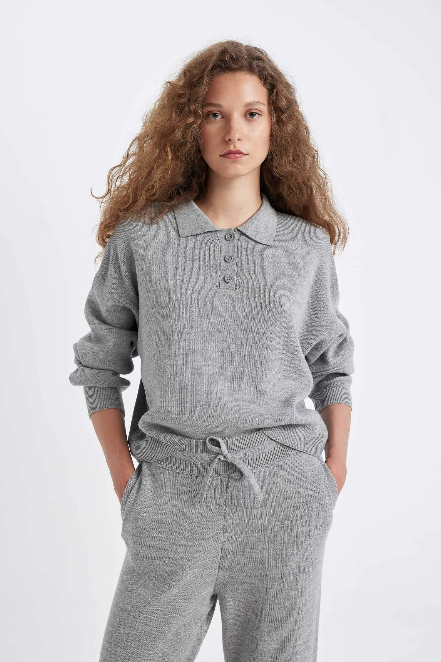 Coool Regular Fit Polo Yaka Düğmeli Basic Düz Triko Kazak