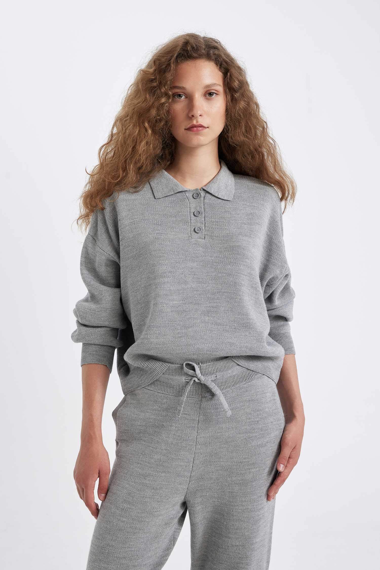 Coool Regular Fit Polo Yaka Düğmeli Basic Düz Triko Kazak