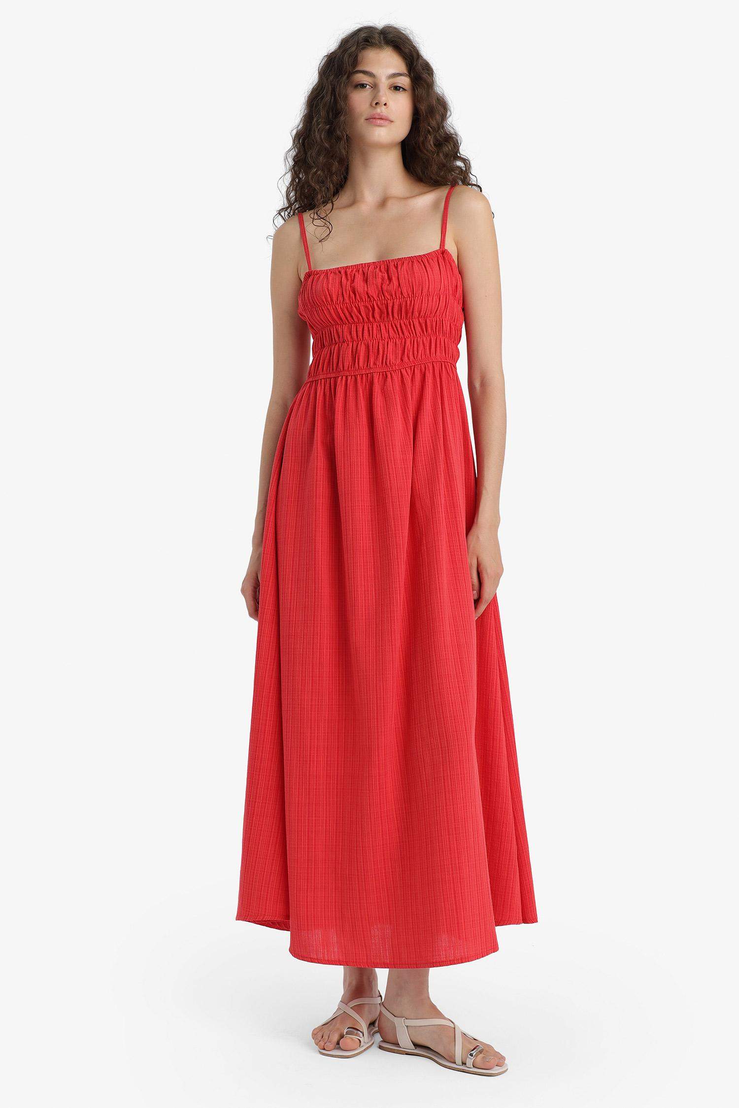 Keten Görünümlü Askılı Kırmızı Maxi Elbise