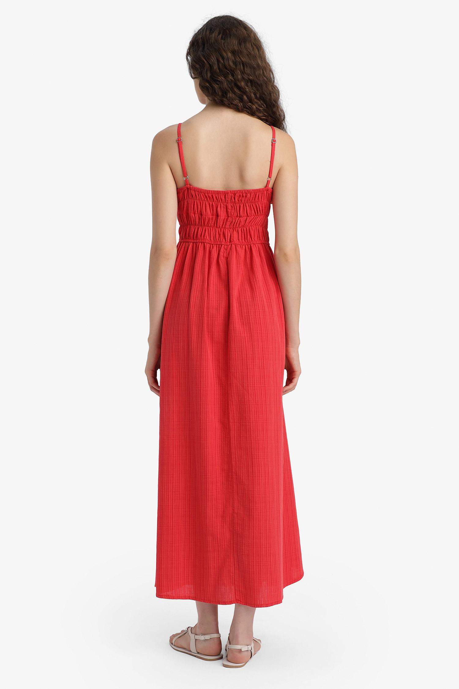 Keten Görünümlü Askılı Kırmızı Maxi Elbise