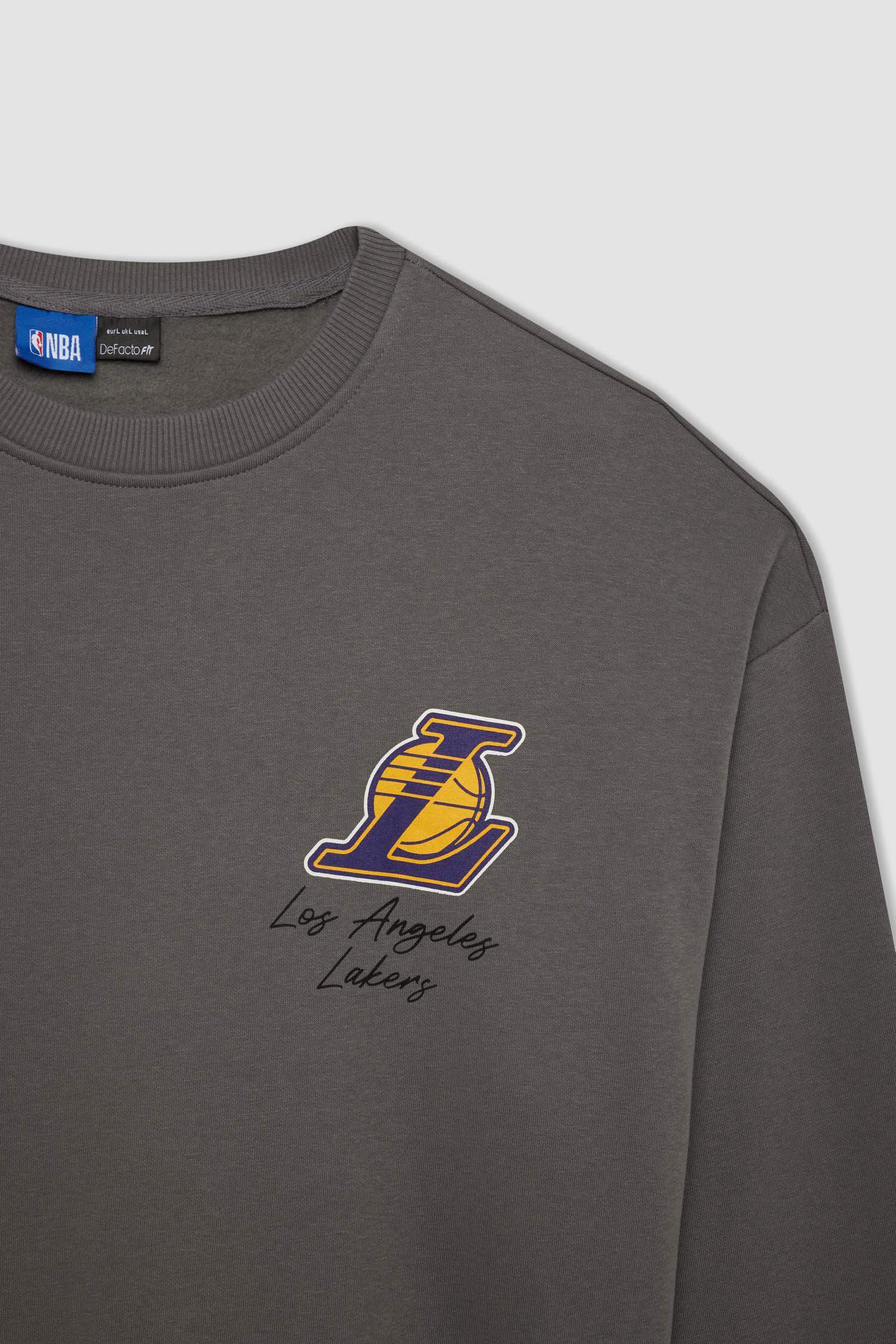 DeFactoFit NBA Los Angeles Lakers Oversize Geniş Kalıp Bisiklet Yaka Sırt Baskılı Kalın Sweatshirt