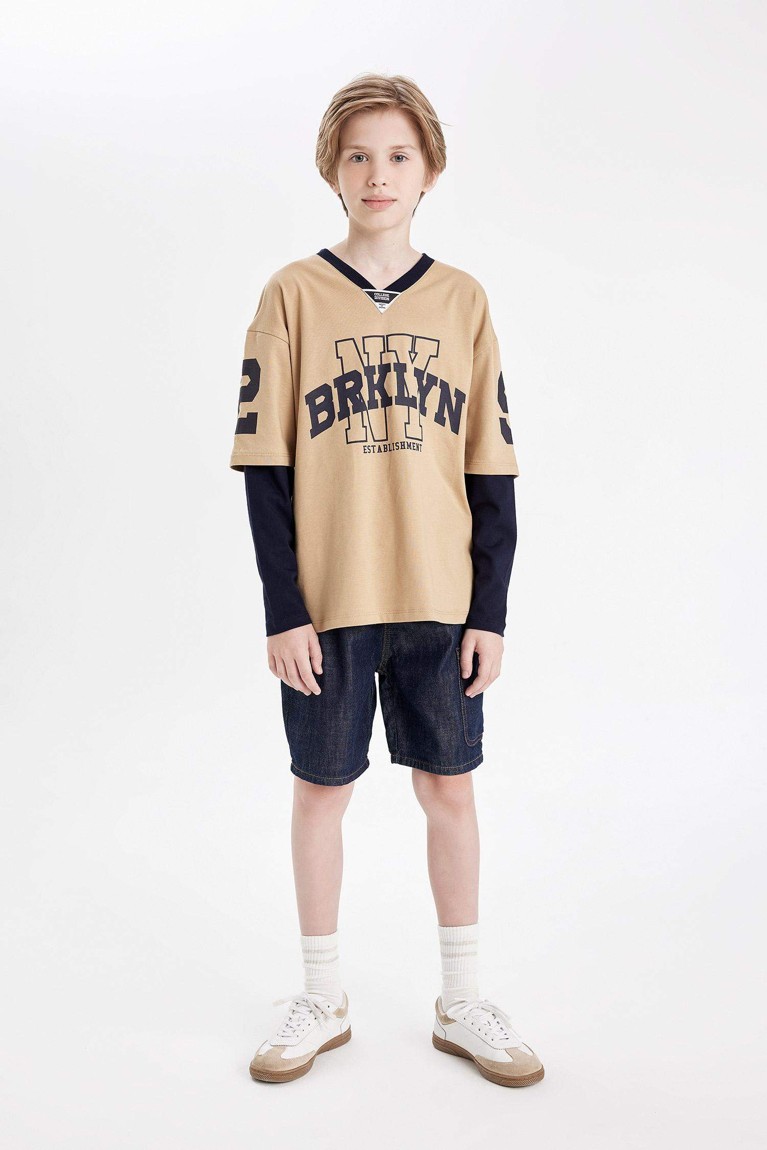 Erkek Çocuk Oversize Geniş Kalıp V Yaka Baskılı Uzun Kollu Okul Tişörtü