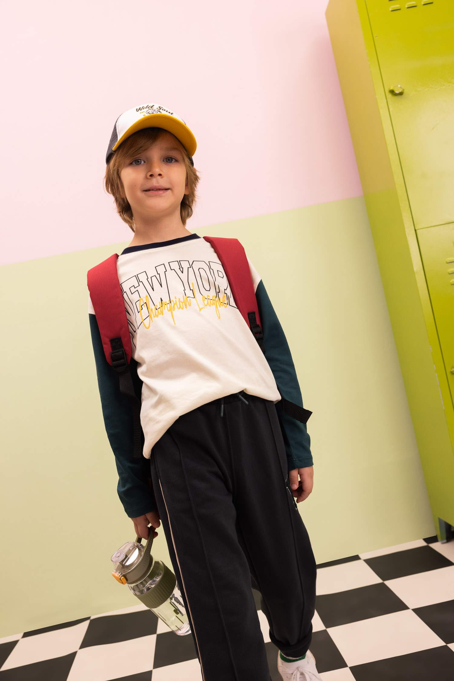 Erkek Çocuk Oversize Geniş Kalıp Bisiklet Yaka Baskılı Uzun Kollu Okul Tişörtü