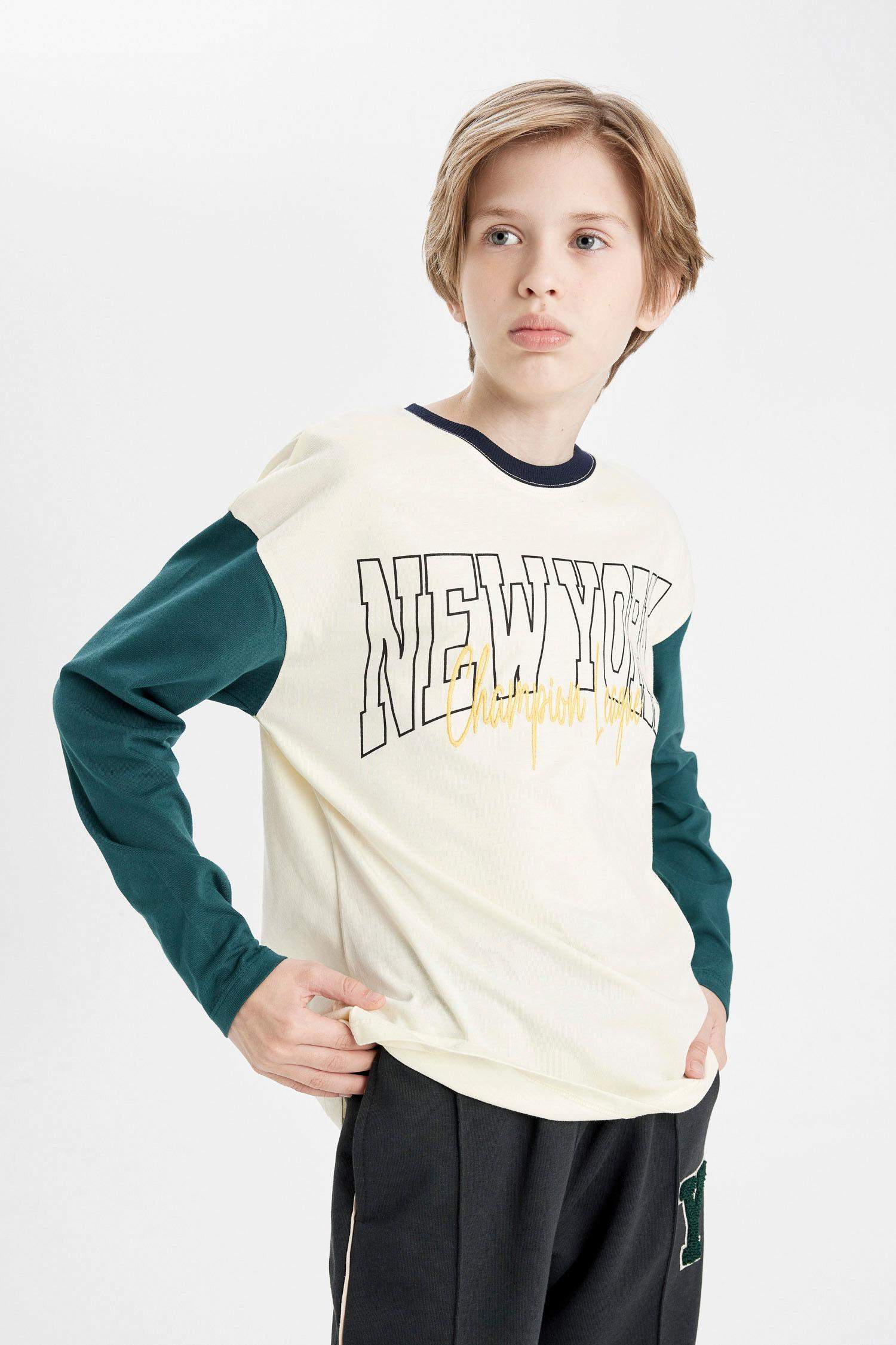 Erkek Çocuk Oversize Geniş Kalıp Bisiklet Yaka Baskılı Uzun Kollu Okul Tişörtü