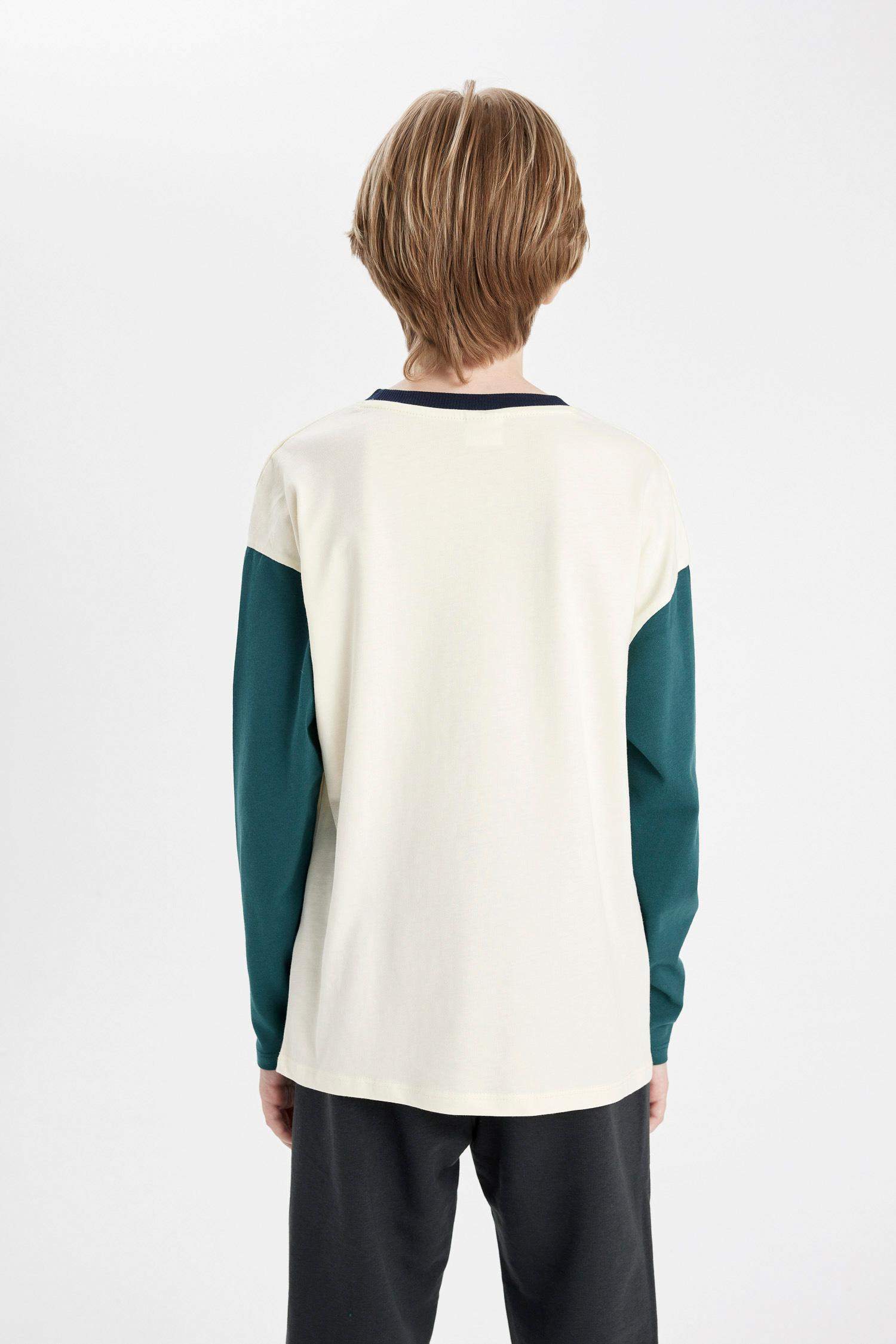 Erkek Çocuk Oversize Geniş Kalıp Bisiklet Yaka Baskılı Uzun Kollu Okul Tişörtü