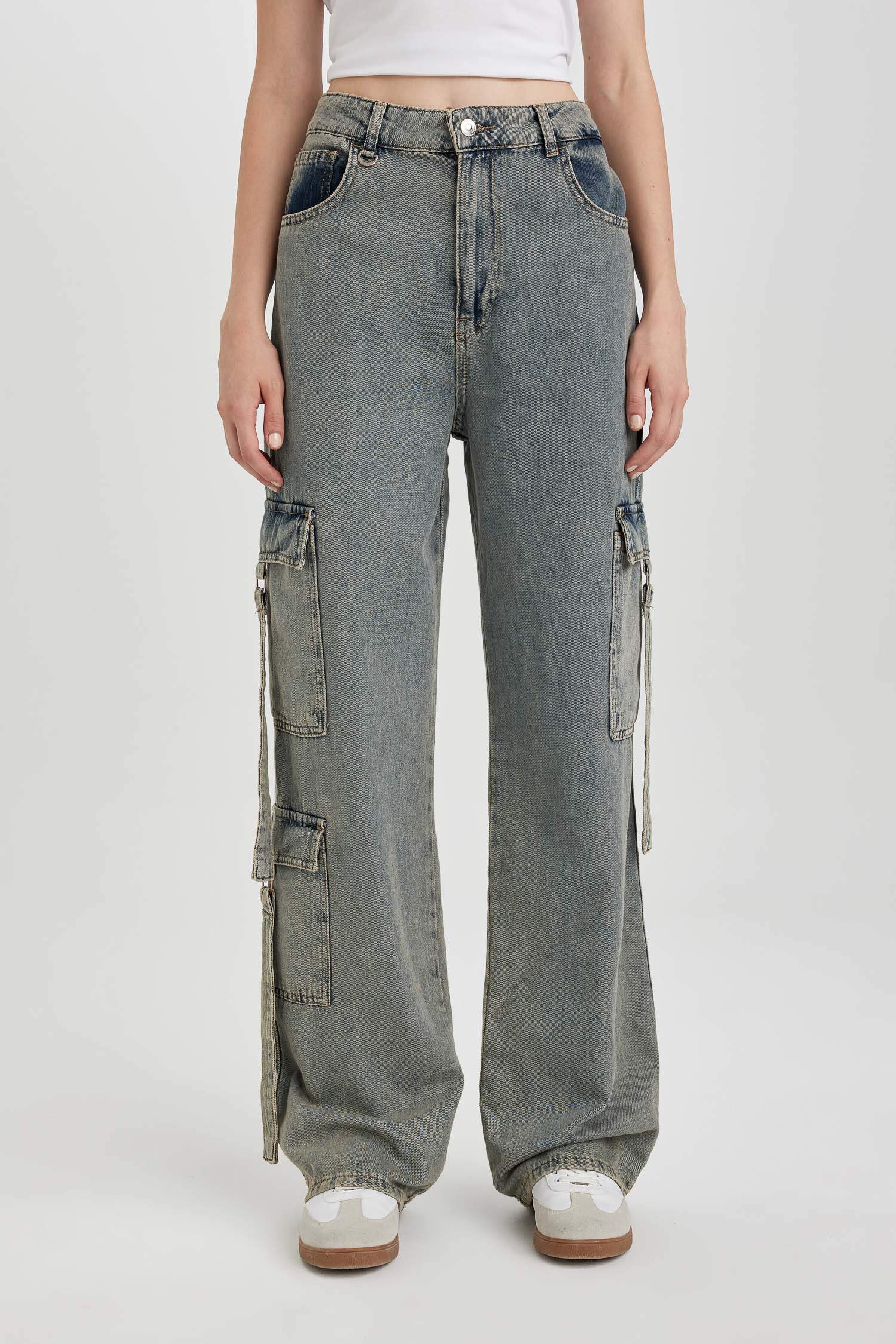 Pantalon Large à Jambe Large Taille Haute et en Jean Doux Lavé