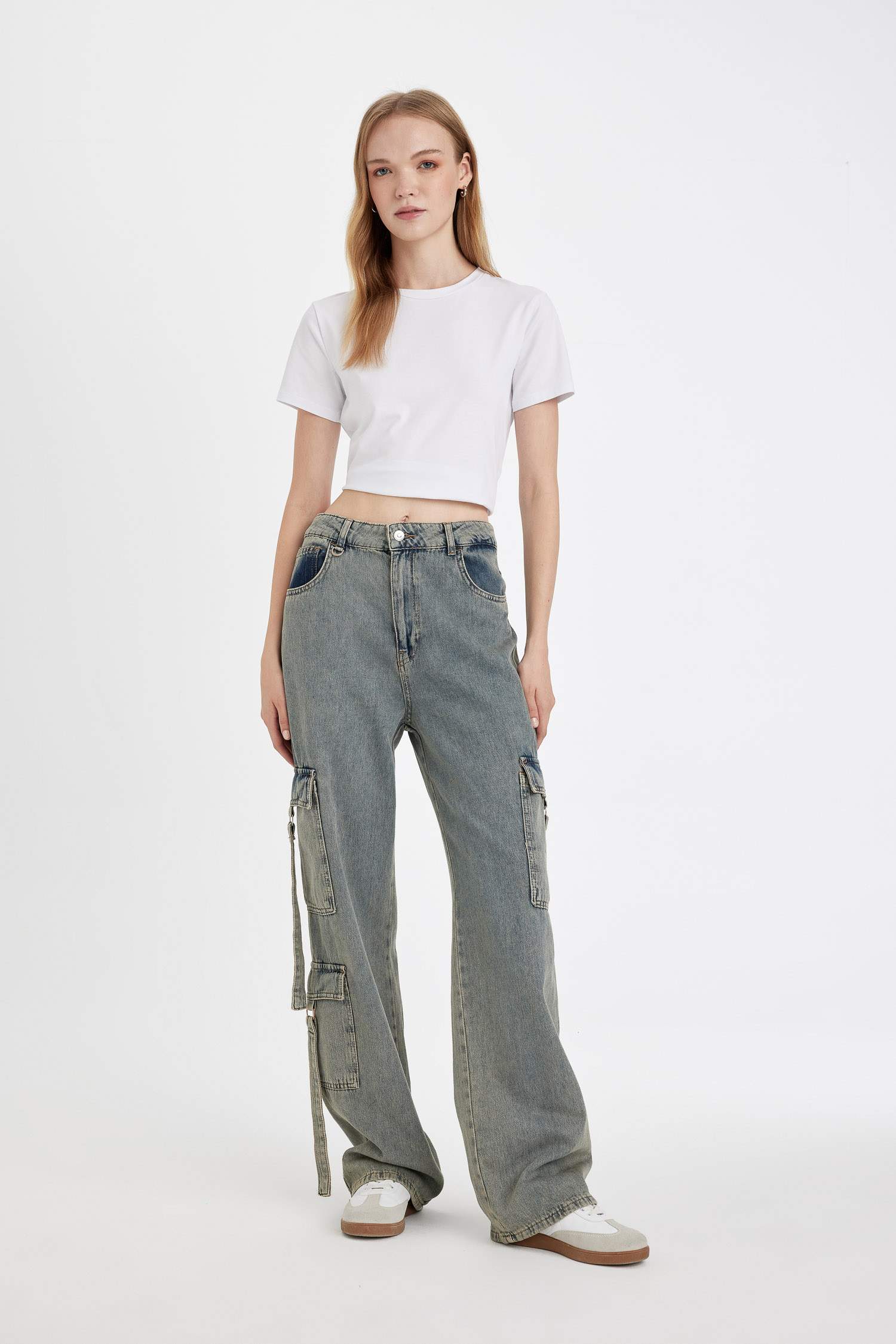 Pantalon Large à Jambe Large Taille Haute et en Jean Doux Lavé