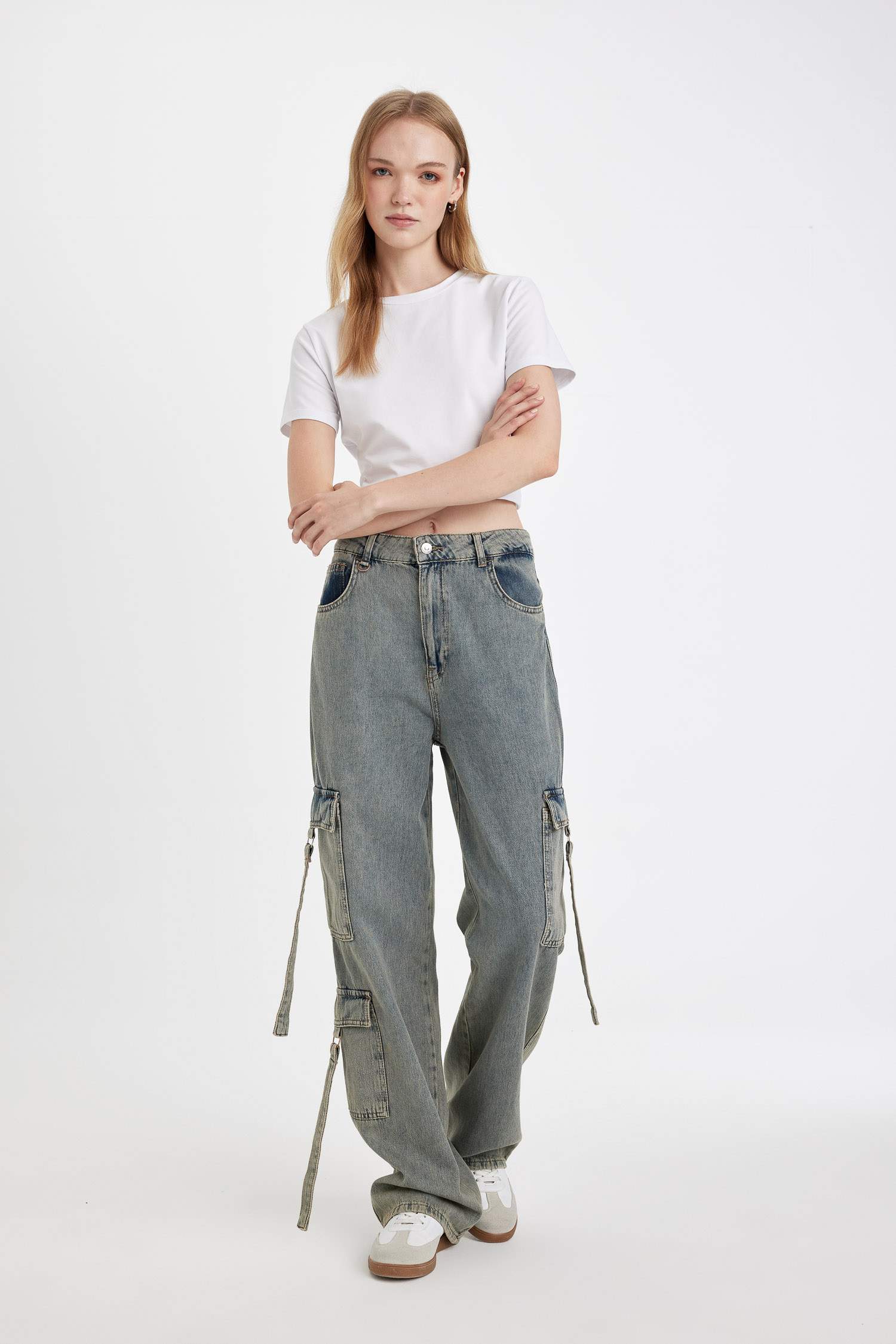 Pantalon Large à Jambe Large Taille Haute et en Jean Doux Lavé