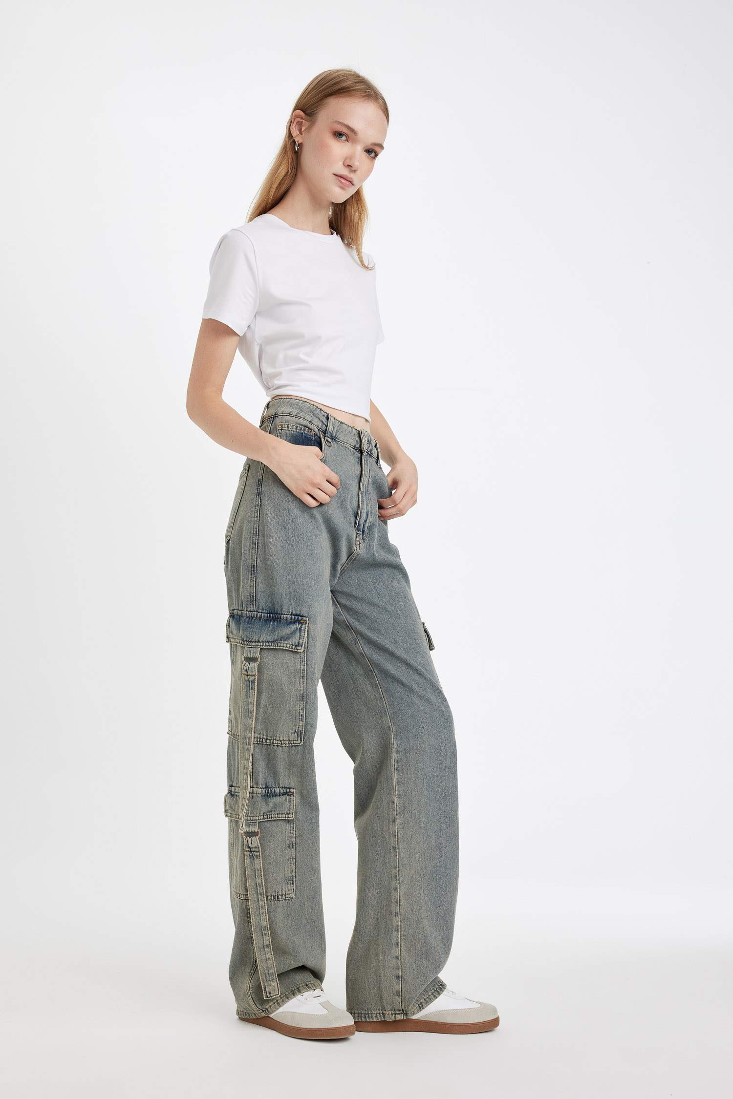 Pantalon Large à Jambe Large Taille Haute et en Jean Doux Lavé