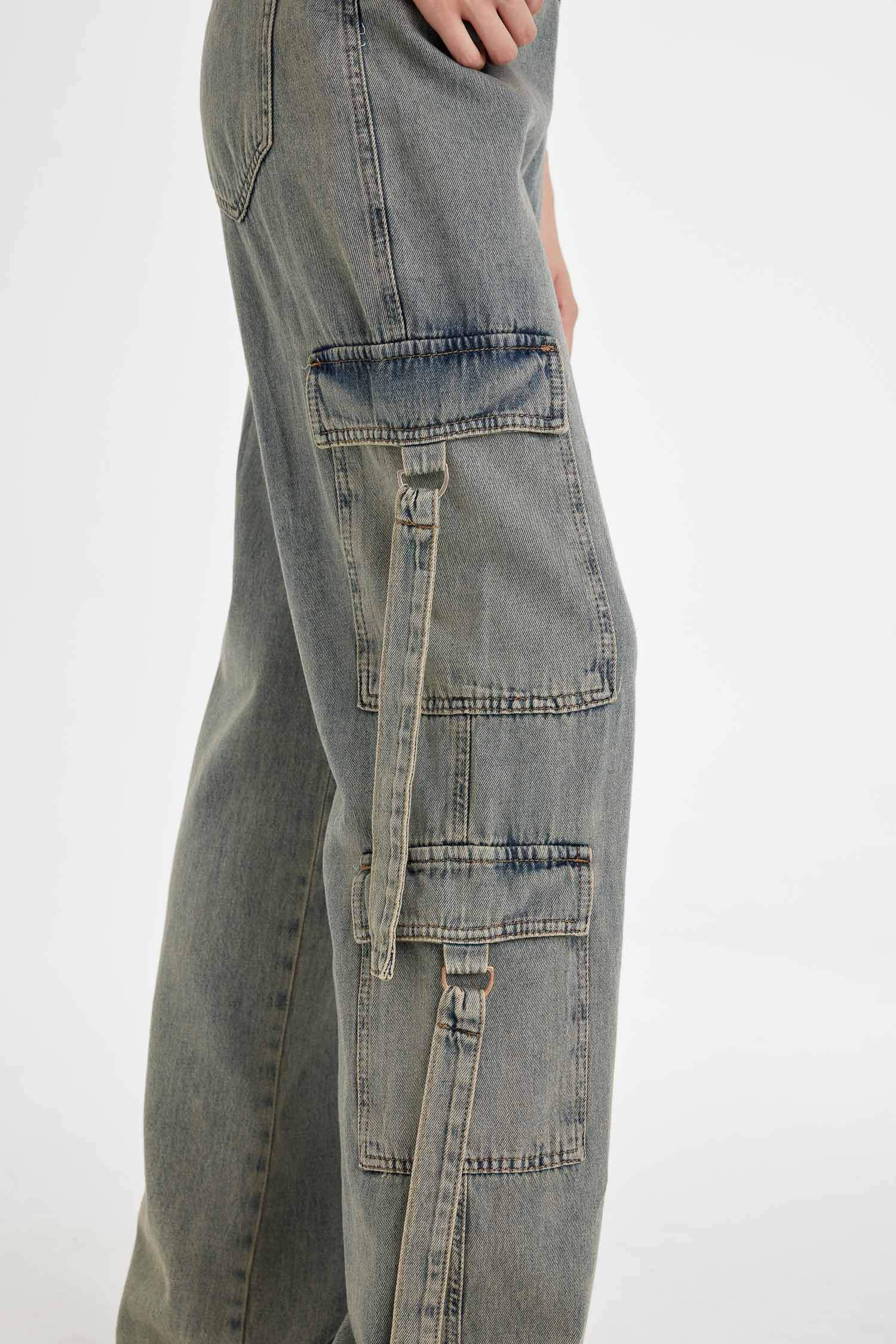 Pantalon Large à Jambe Large Taille Haute et en Jean Doux Lavé