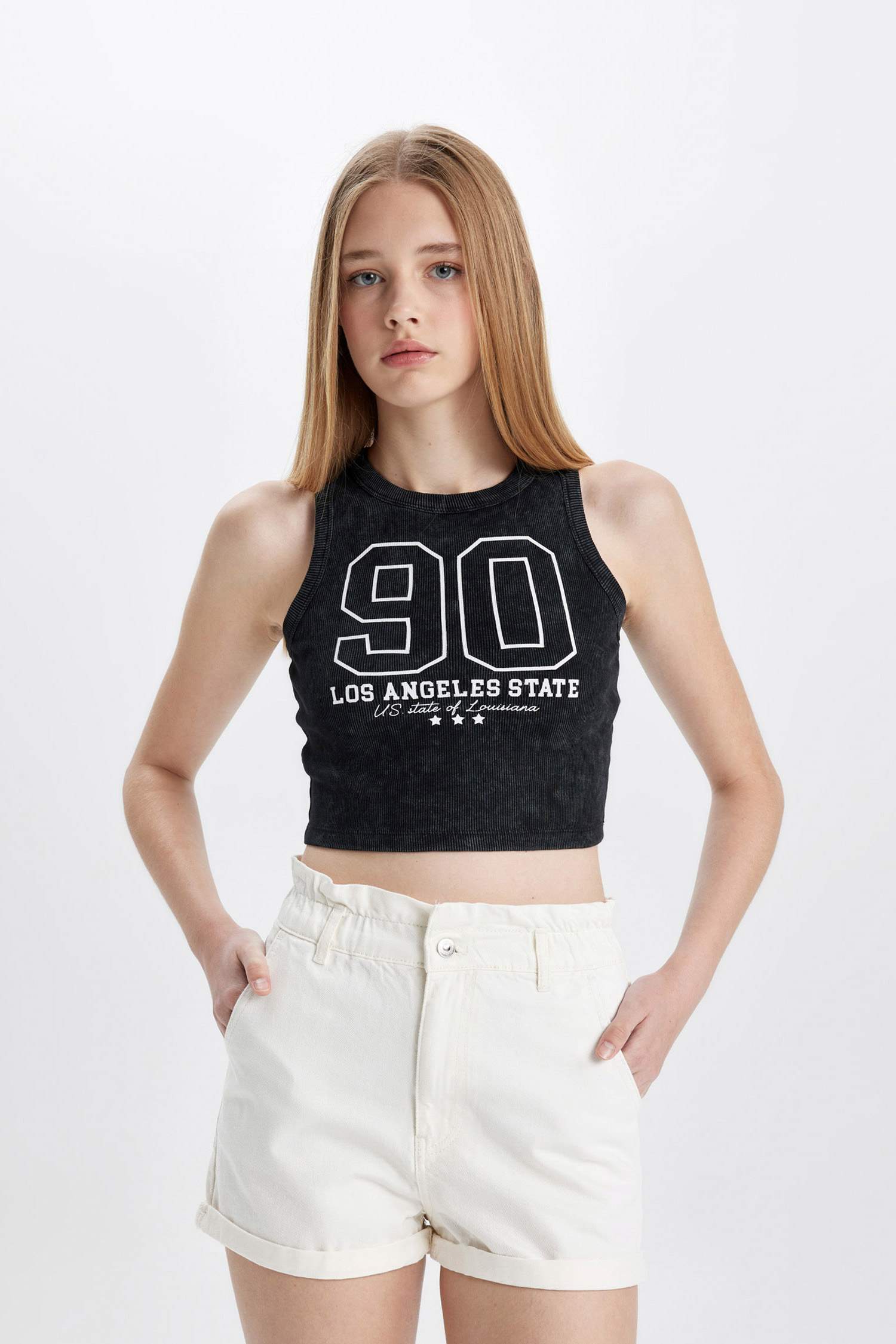 Fitted Printed Crew Neck Ribbed Camisole Crop Top