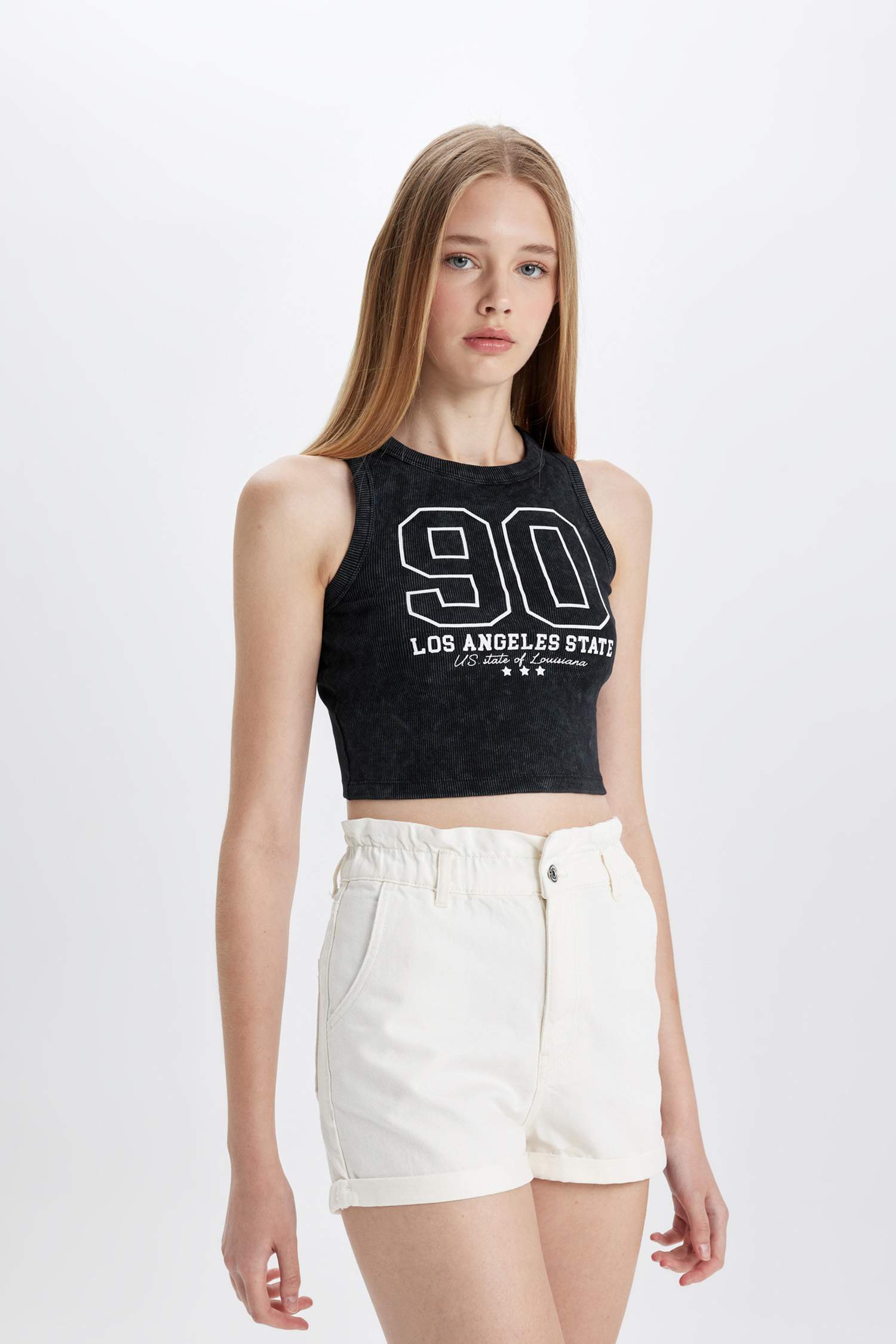 Fitted Printed Crew Neck Ribbed Camisole Crop Top