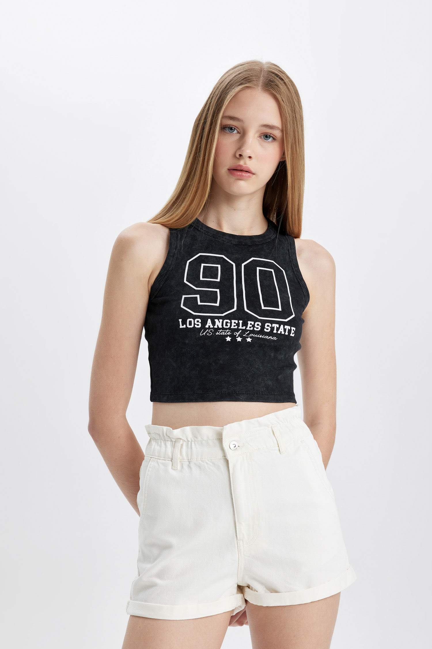 Fitted Printed Crew Neck Ribbed Camisole Crop Top