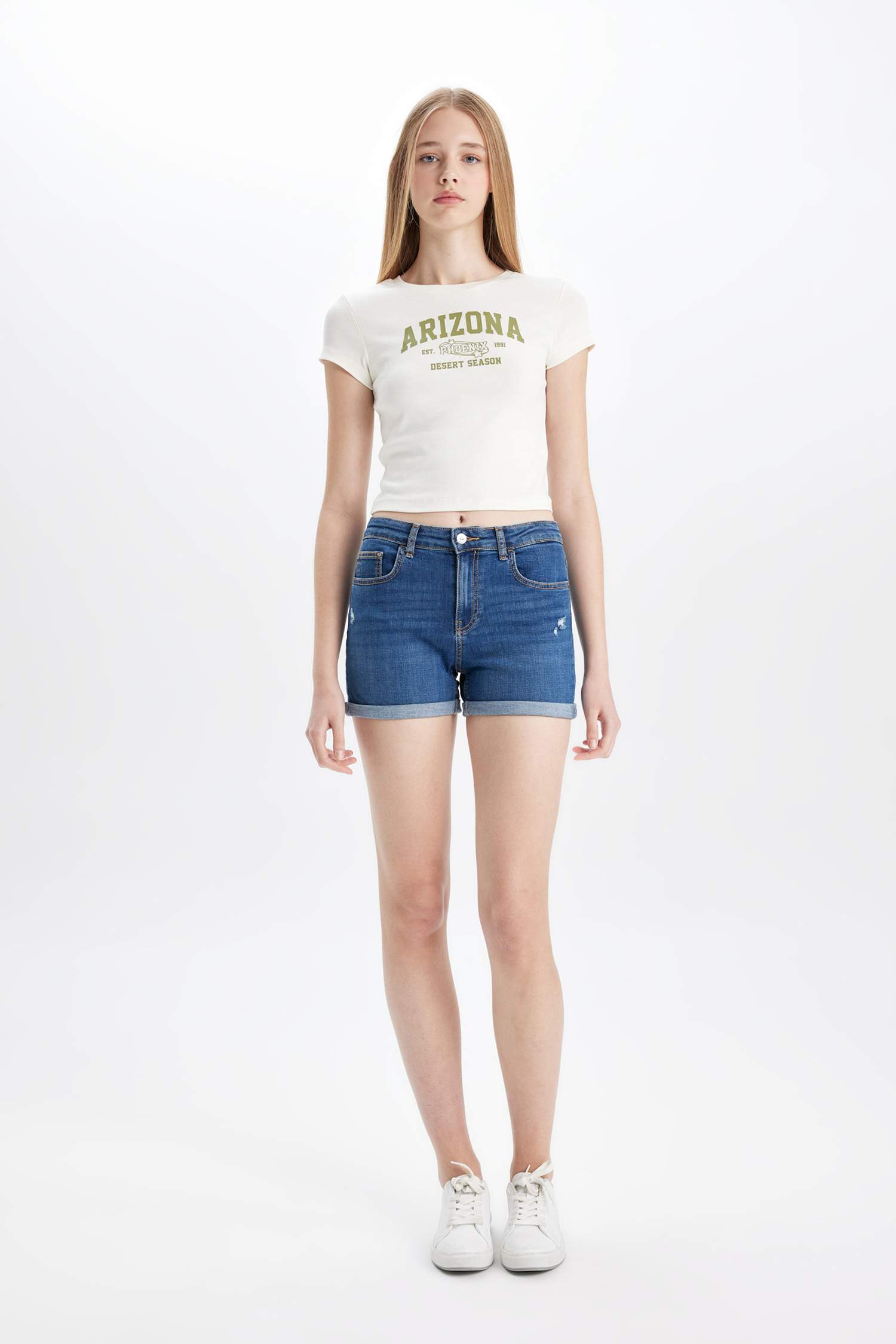 Fitted Crew Neck Printed Ribbed Short Sleeve T-Shirt