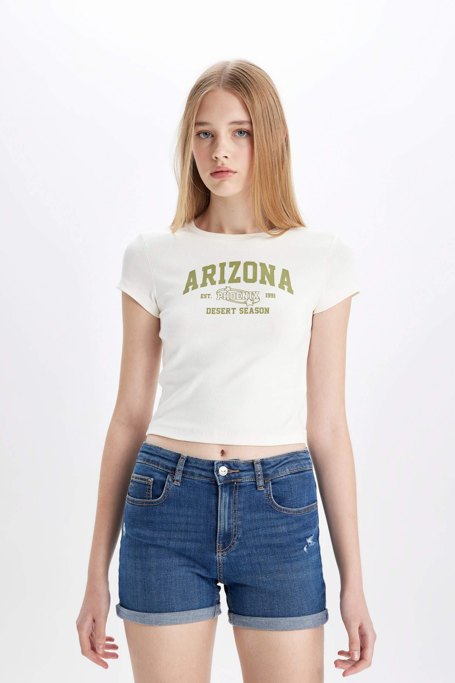 Fitted Crew Neck Printed Ribbed Short Sleeve T-Shirt