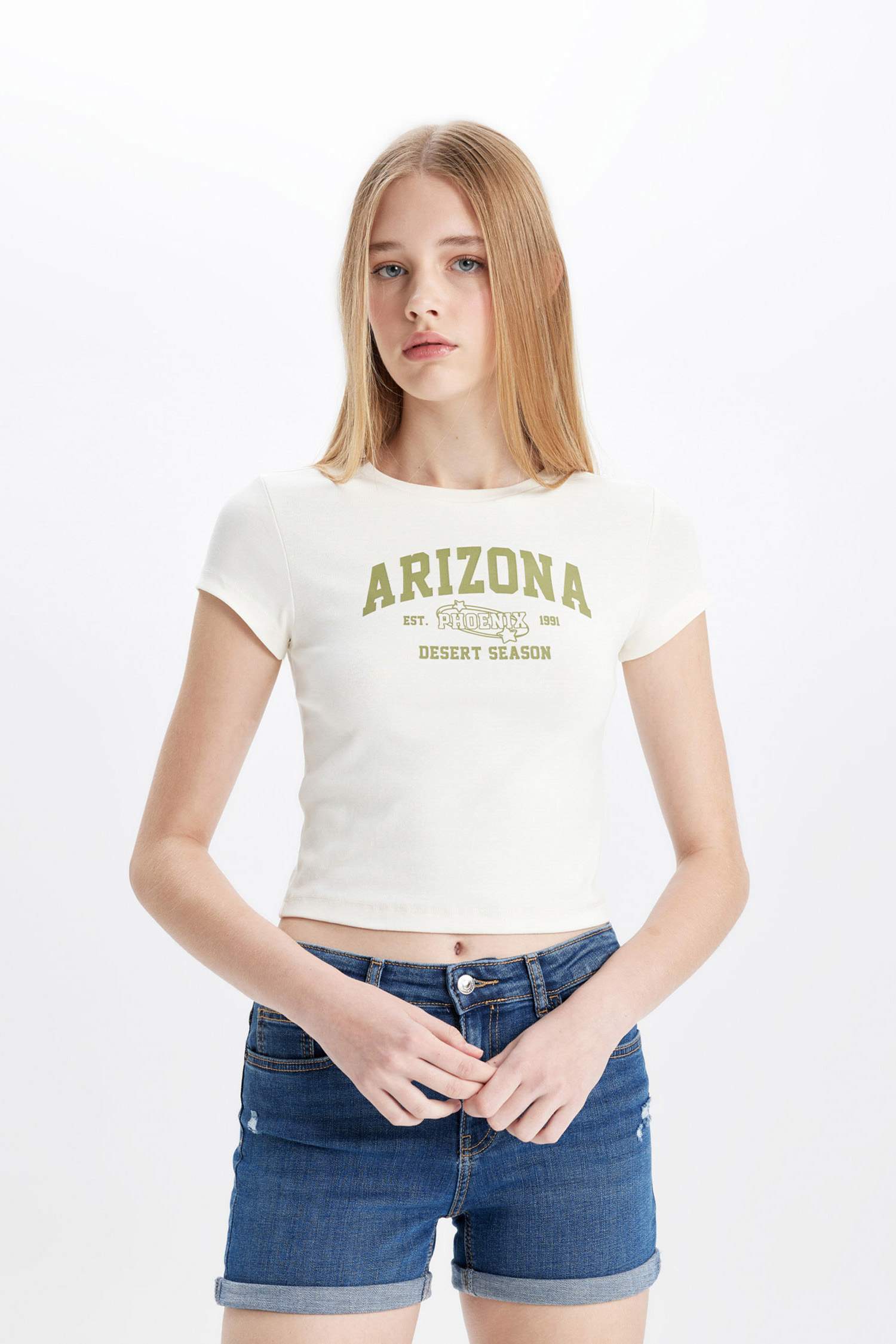 Fitted Crew Neck Printed Ribbed Short Sleeve T-Shirt