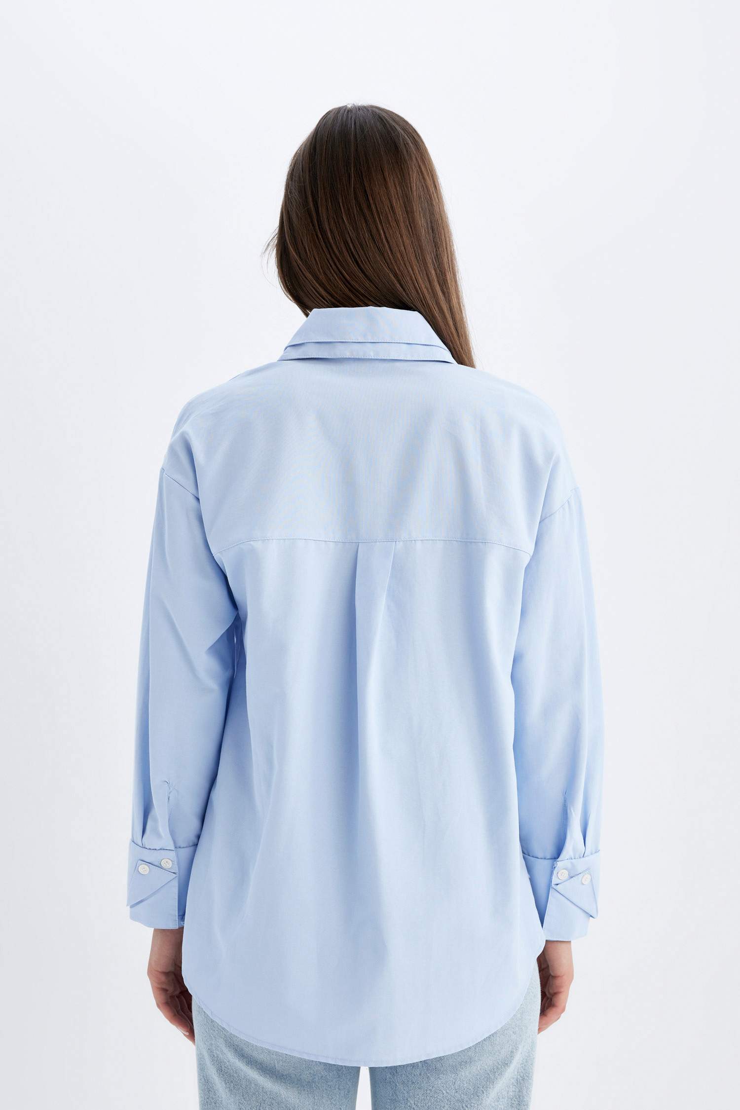 قميص طويل بوبلين قصة مريحة ردن طويل