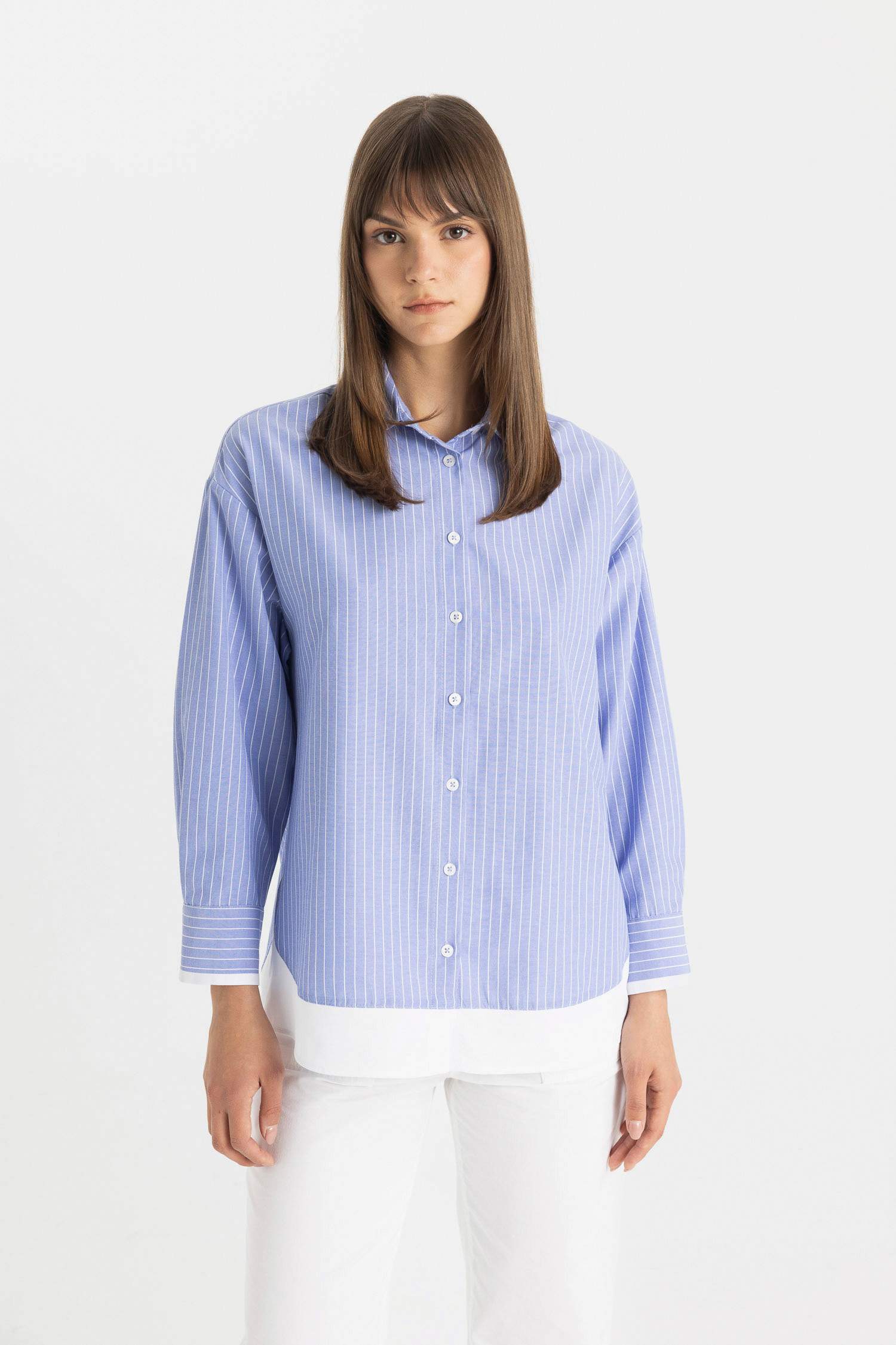 Relax Fit Çizgili Poplin Uzun Kollu Tesettür Gömlek Tunik