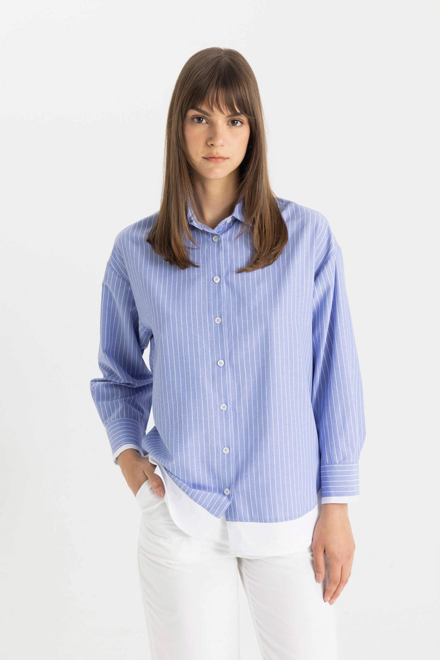 Relax Fit Çizgili Poplin Uzun Kollu Tesettür Gömlek Tunik