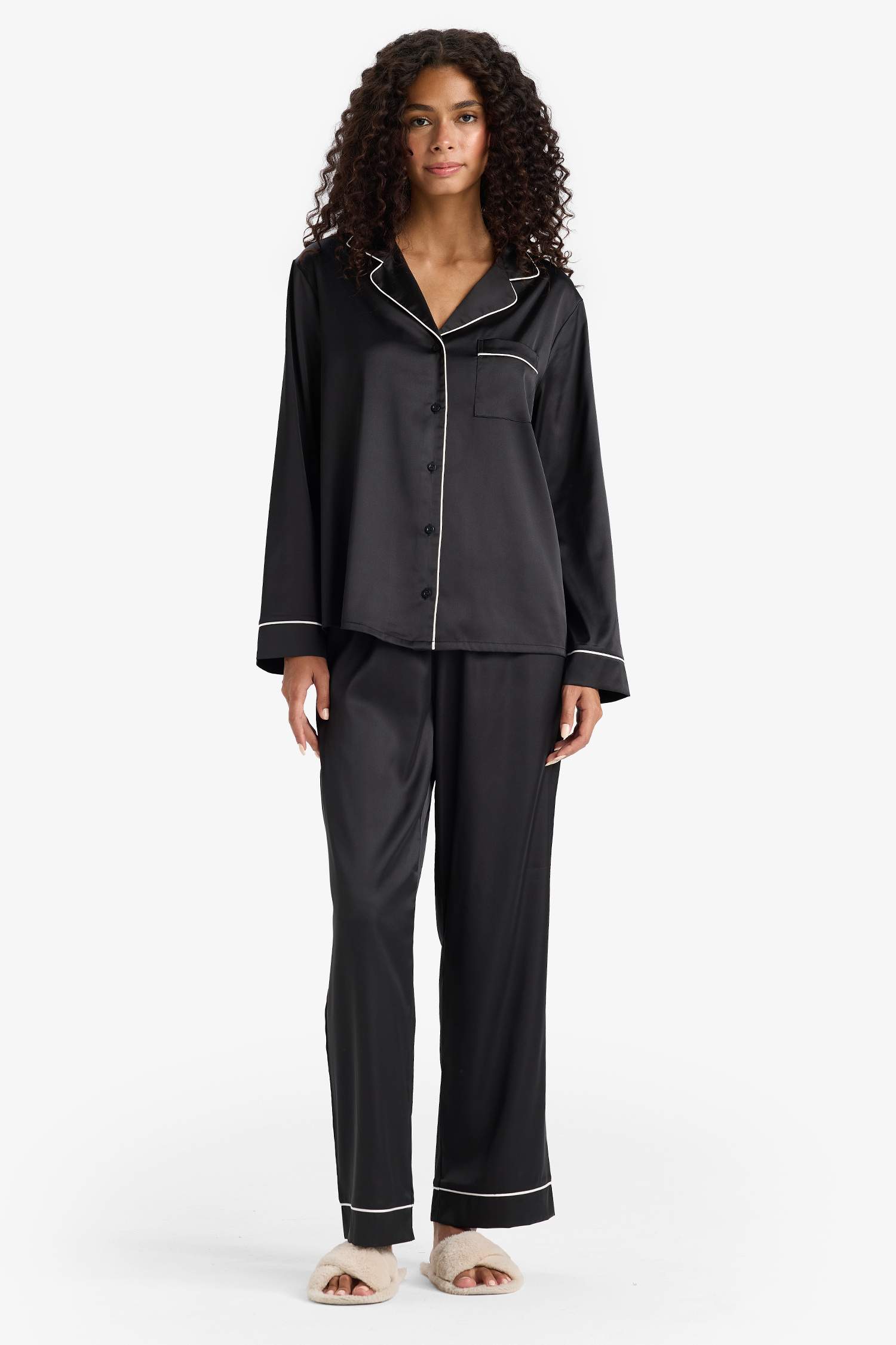 Pijama Takımı Regular Fit Saten Uzun Kollu Üst Uzun Alt-Fall in Love