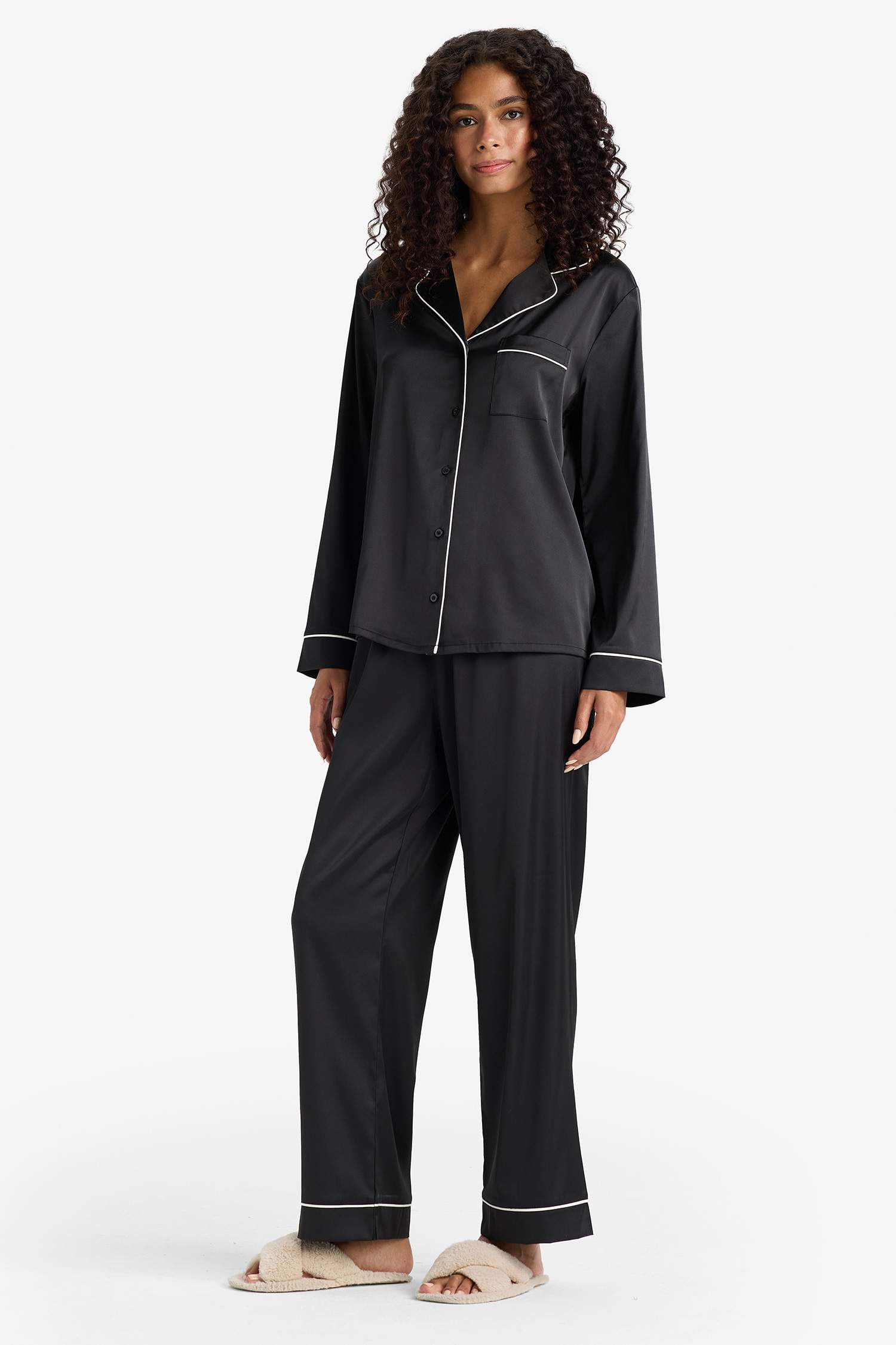 Pijama Takımı Regular Fit Saten Uzun Kollu Üst Uzun Alt-Fall in Love