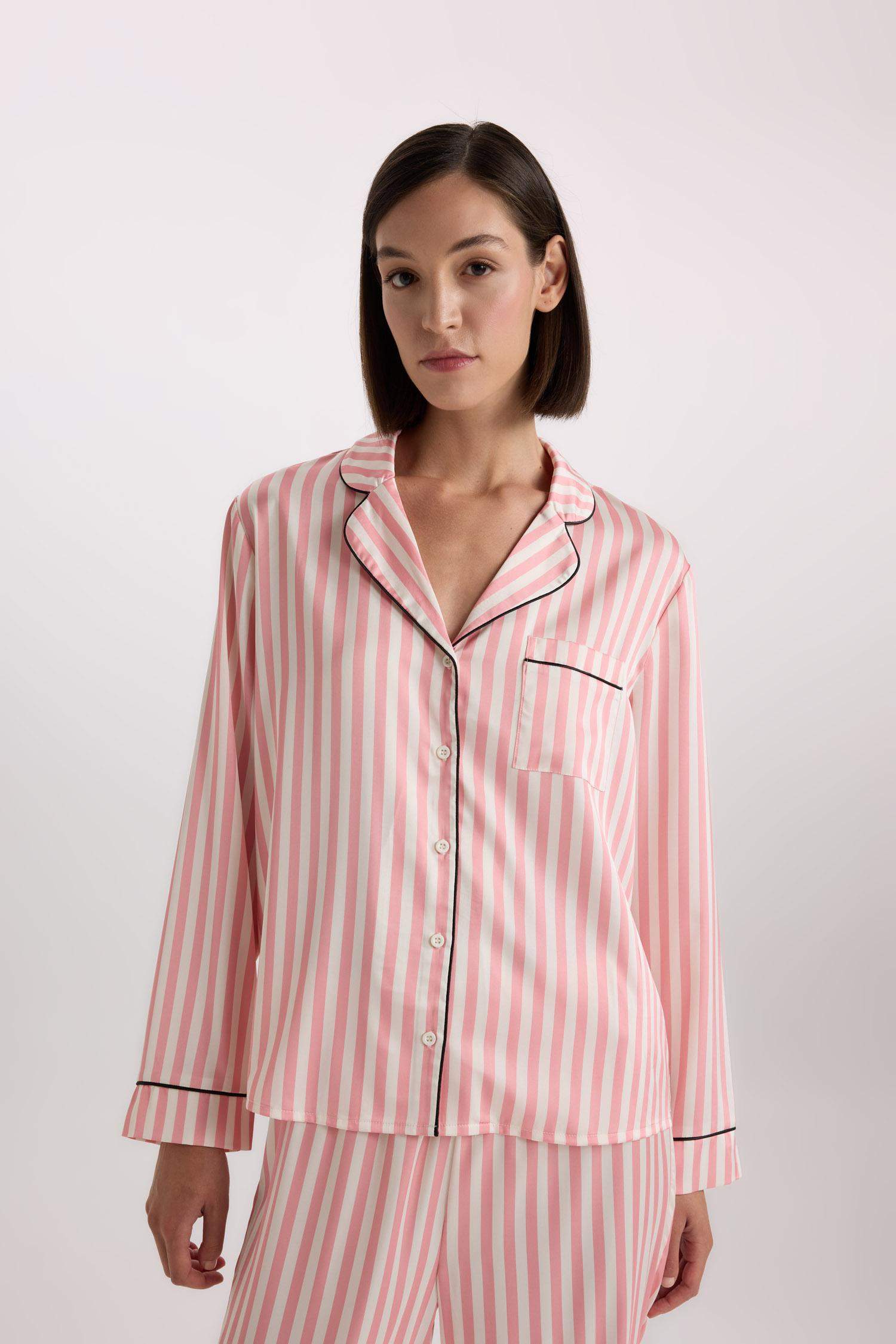 Pijama Takımı Uzun Kollu Çizgili Saten Üst Beli Lastikli Uzun Alt-Fall in Love