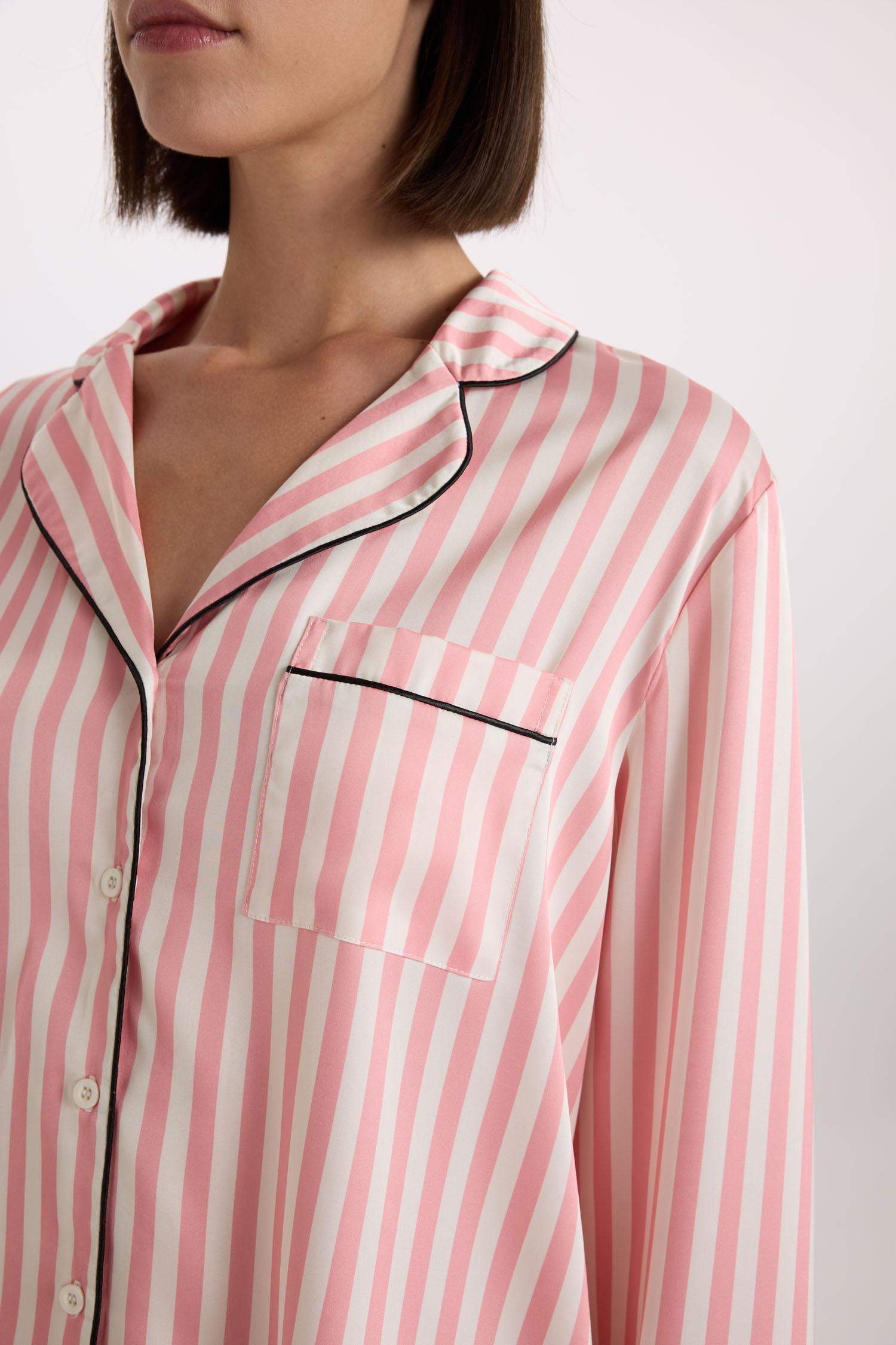 Pijama Takımı Uzun Kollu Çizgili Saten Üst Beli Lastikli Uzun Alt-Fall in Love